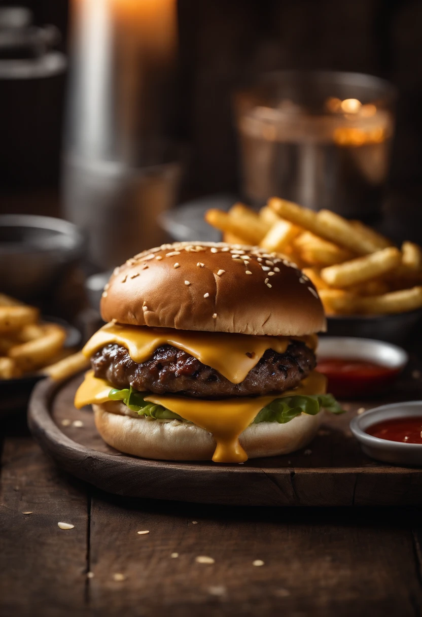 a top-down shot of a cheeseburger on a rustic wooden table, with sesame seeds sprinkled on the bun and a side of crispy golden fries, creating a classic American diner aesthetic