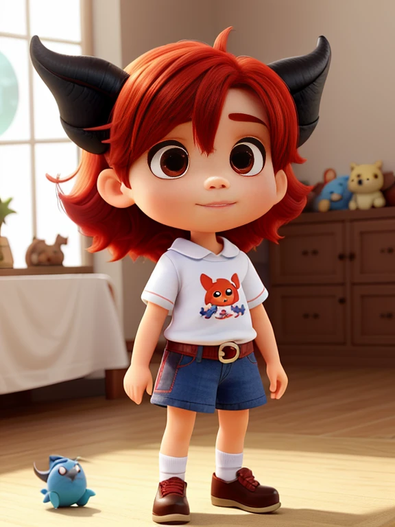 master part, best quality, 1girl, sozinho, olhos amarelos, red hair, peito pequeno, Demon girl, demon tail, demon wings, small demon horns, orelhas pontudas, (peito pequeno), (peito achatado), Caudas duplas, ornamento do cabelo do morcego, cabo, camisa branca, legwear branco, stuffed toy, stuffed animal toy, boina, Luvas, franja, kalap
