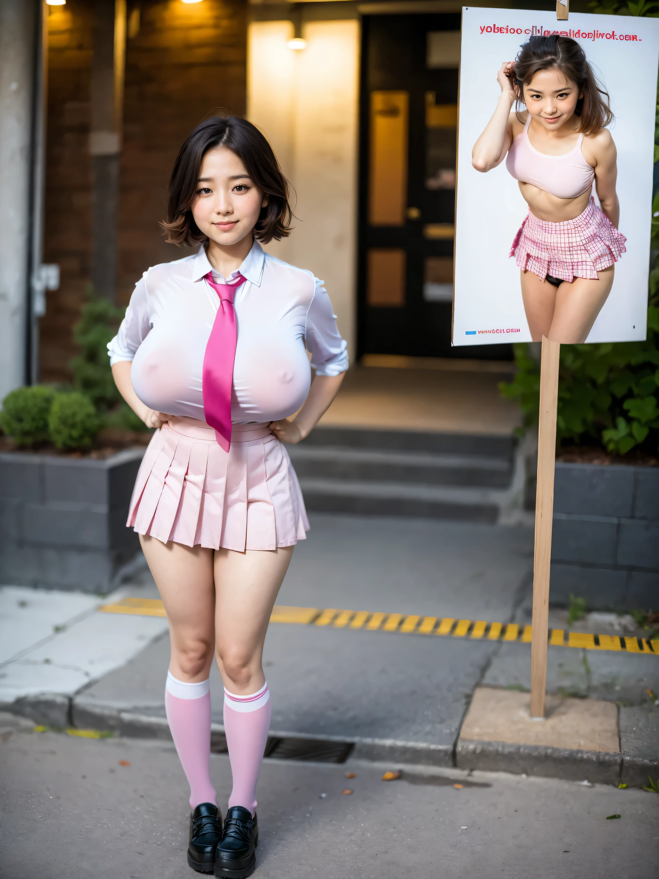 (8K, Raw photo, Best Quality, masutepiece, Realistic, Detailed face, Detailed skin, Warm color temperature:1.2), (1girl in, Solo:1.5), (Ople:1.3), Japanese junior high school girl with a beautiful face, , Cowboy Shot, (skinny:1.1), (Short stature, Height 148cm, Petite:1.3), (Short hair, bobhair:1.2), Forehead, Brown hair, No bra, Tighttops, Tight, (White collared shirt, Pink tie, pink pleated micro skirt:1.2), Panties, knee high socks, Huge breasts, Smile, Shy, Dull color, Standing, facing, Night, Street, BRAB 5_Realisian V50_PFv30
