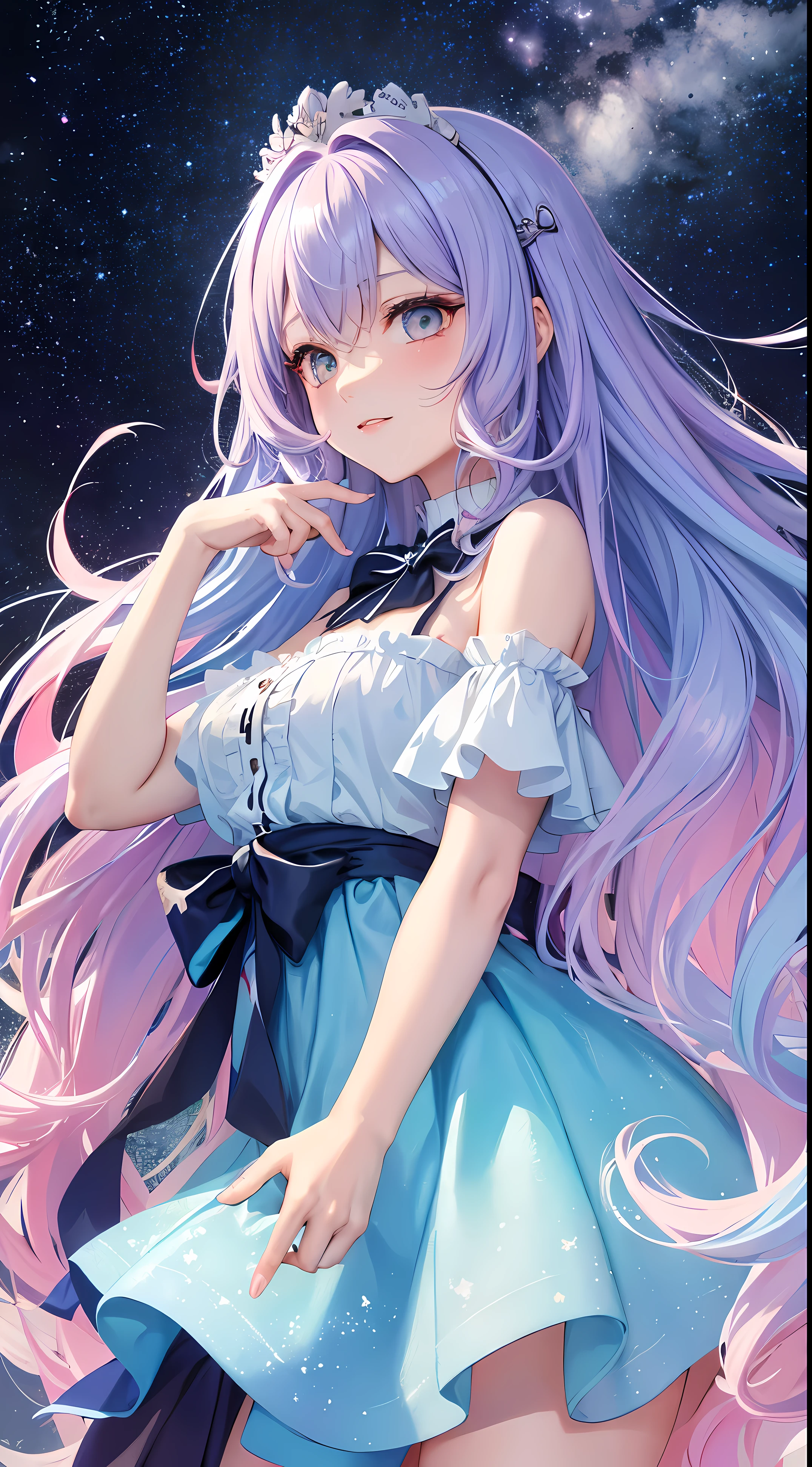 (tmasterpiece,quality,最佳quality,Eau彩(curled),offcial art,Beauty and aesthetics:1.2),(1 girl:1.3),(s fractal art:1.3),upper part of body,seen from the side,looking at viewert,Patterned,(Rainbow-colored hair,Hair color,Half blue, half pink hair:1.2),Eau,liquids,cloud,Colorful,Starry,As estrelas,