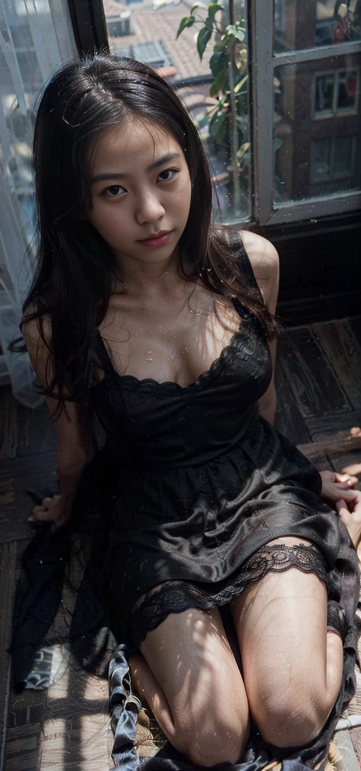 (From a straight above, bird's-eye perspective), 1girl, Realistic Chinese pretty teenage girl,12-years old, black colour silk lace nightdress, sheveless lace nightdress, erotic, small breast, knelt on the floor, eye gazing up to the camera, with sweat on body, sweat on breasts,waiting for punishment, from above, （holding breasts/Grabbing breasts/touching breasteside the window