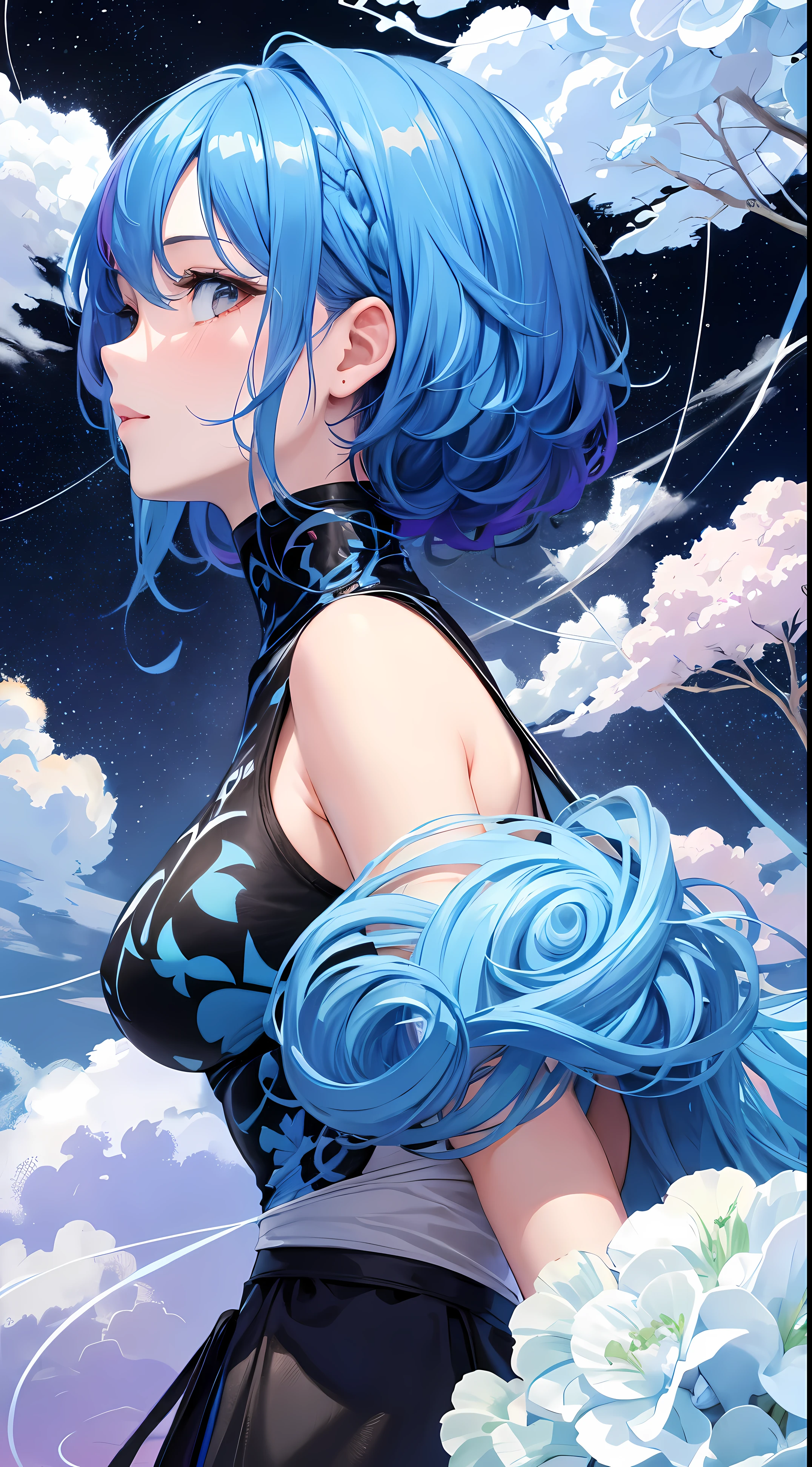 （tmasterpiece，quality，最佳quality，Eau彩（curled），offcial art，Beauty and aesthetics：1.2），（1 girl：1.3），（s fractal art：1.3），upper part of body，seen from the side，looking at viewert，Patterned，（Rainbow-colored hair，Hair color，Half blue, half pink hair：1.2），Eau，liquids，cloud，Colorful，Starry，As estrelas，