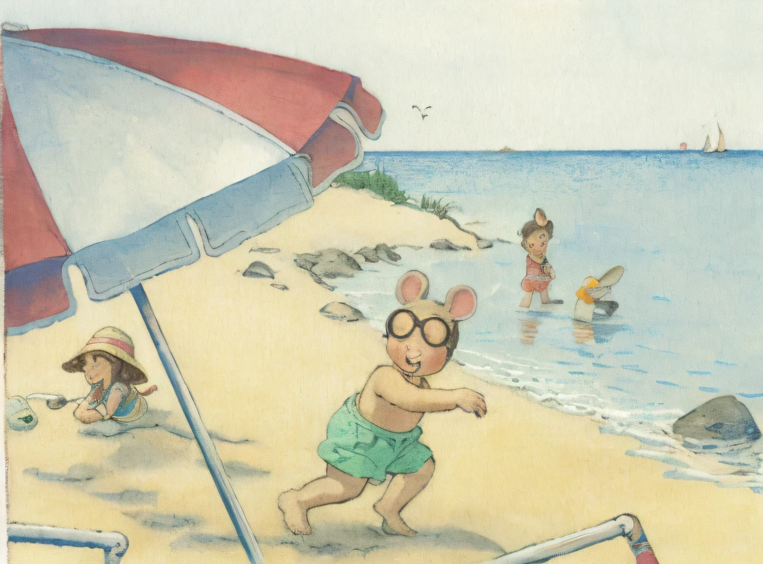 The brother who was wearing swimming trunks on the beach turned around and asked his sister who was playing in the sand to get into the water.., Mouse ears， Inspired by Walter Beach Humphrey, inspired by Randolph Caldecott, inspired author：William Steiger, richard scarry, On the sandy beach, KIDS ILLUSTRATION, Detail shots, Children's book illustration, on a sunny beach,