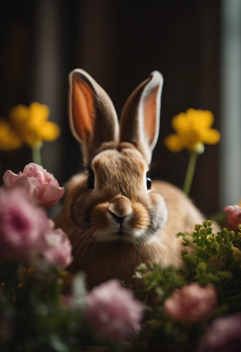 a playful shot of a bunny peeking out from behind a bouquet of spring flowers, with its cute nose and whiskers adding a touch of whimsy to the composition