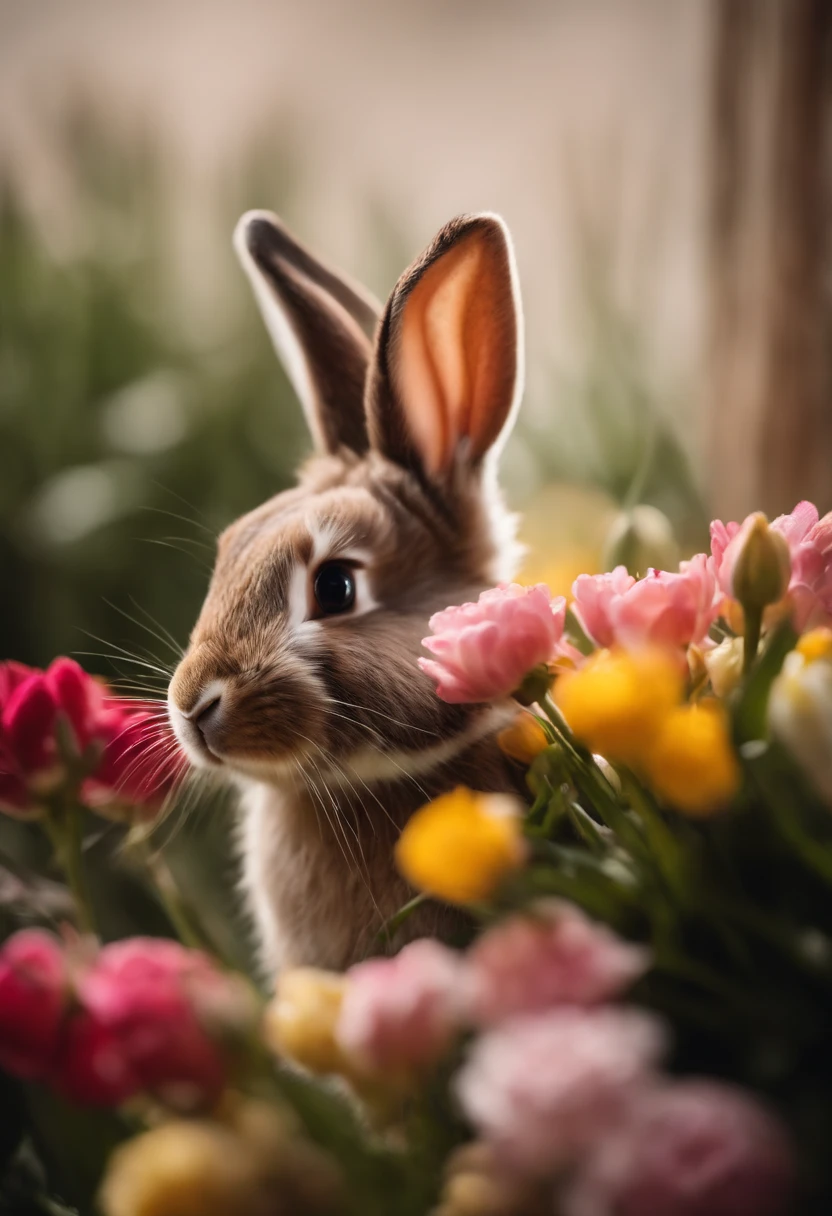 a playful shot of a bunny peeking out from behind a bouquet of spring flowers, with its cute nose and whiskers adding a touch of whimsy to the composition