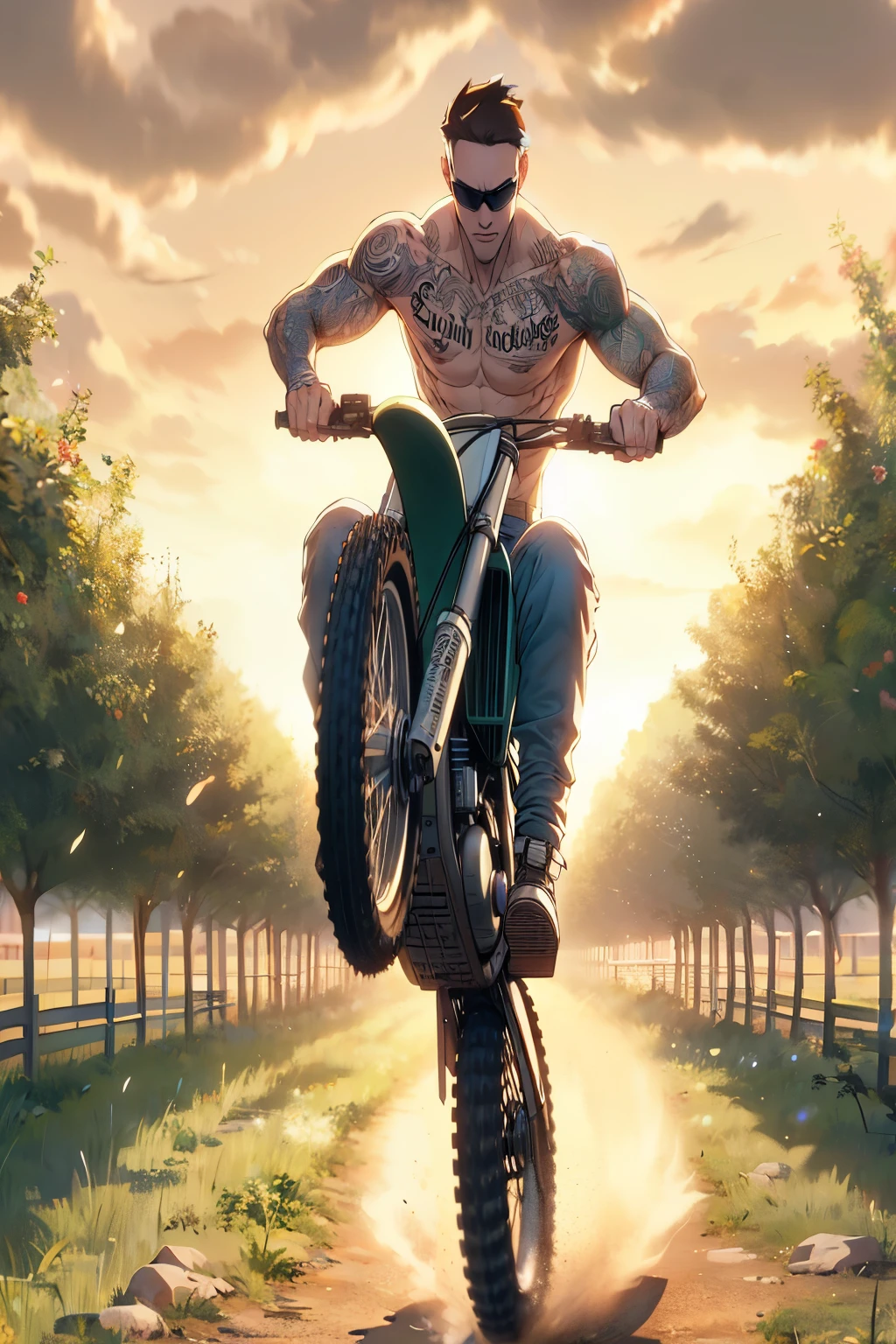 A man rides a dirt bike on a dirt road., Anime Badass 8K, from yowamushi pedal, Style Rob Rey and Kentaro Miura, Epic Anime Tuff Luck, cyclist, ride a bike, official artwork Highly detailed, artwork in the style of guweiz, anime art wallpaper 8 k, Detailed Digital Anime Art, Reasonable design, Clear lines, high sharpness,bestquality, Very detailed, masterpiece, Cinematic lighting effects, 10 )
