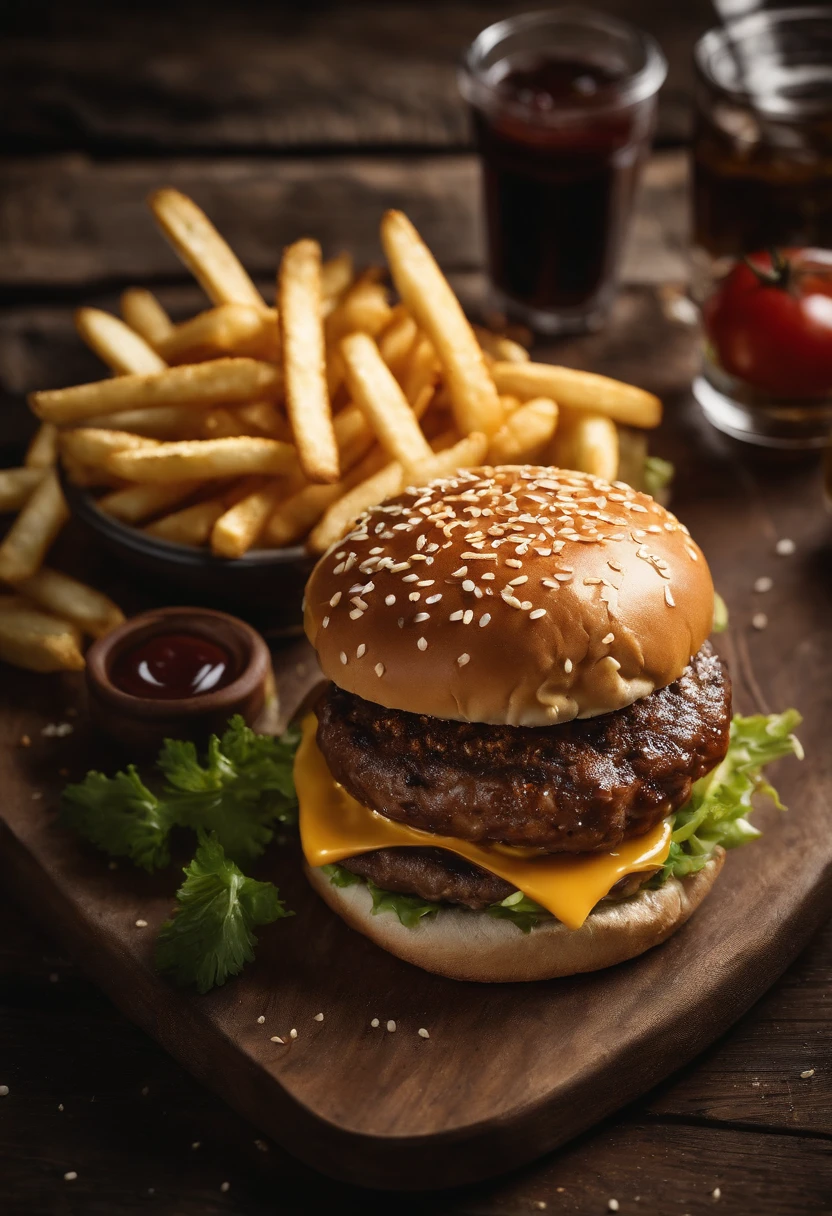 a top-down shot of a cheeseburger on a rustic wooden table, with sesame seeds sprinkled on the bun and a side of crispy golden fries, creating a classic American diner aesthetic