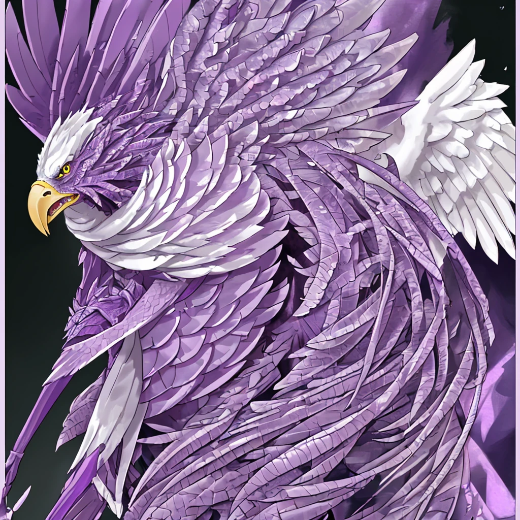 Bright purple soft scales all over the body，Bipedal single claw，Head like an eagle，long back wings，with its soft fur，Strong，non-upright walking，Warcraft