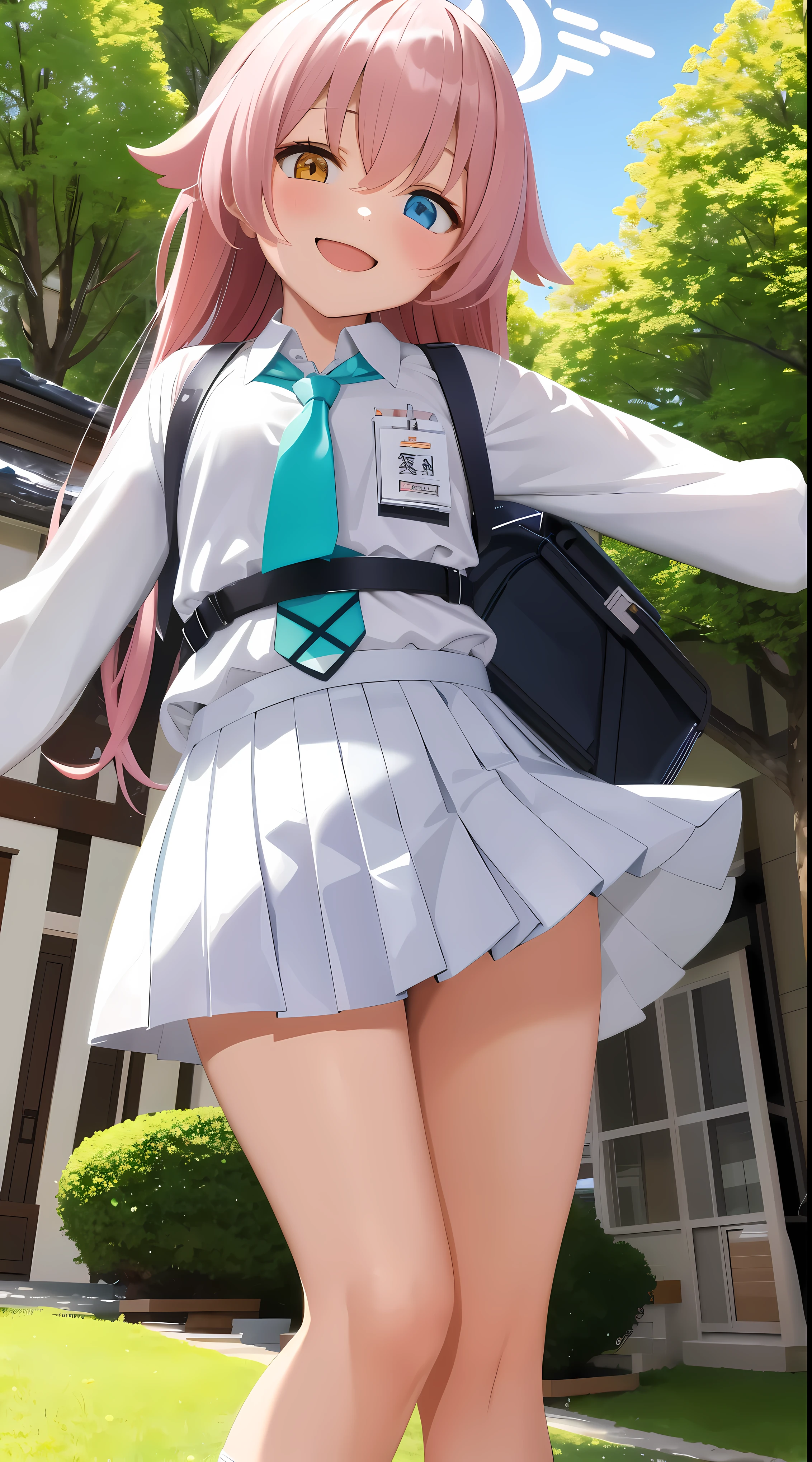 masterpiece, best quality, ultra-detailed, 1girl, hoshino, white shirt, pleated skirt, smile, standing, outdoors
