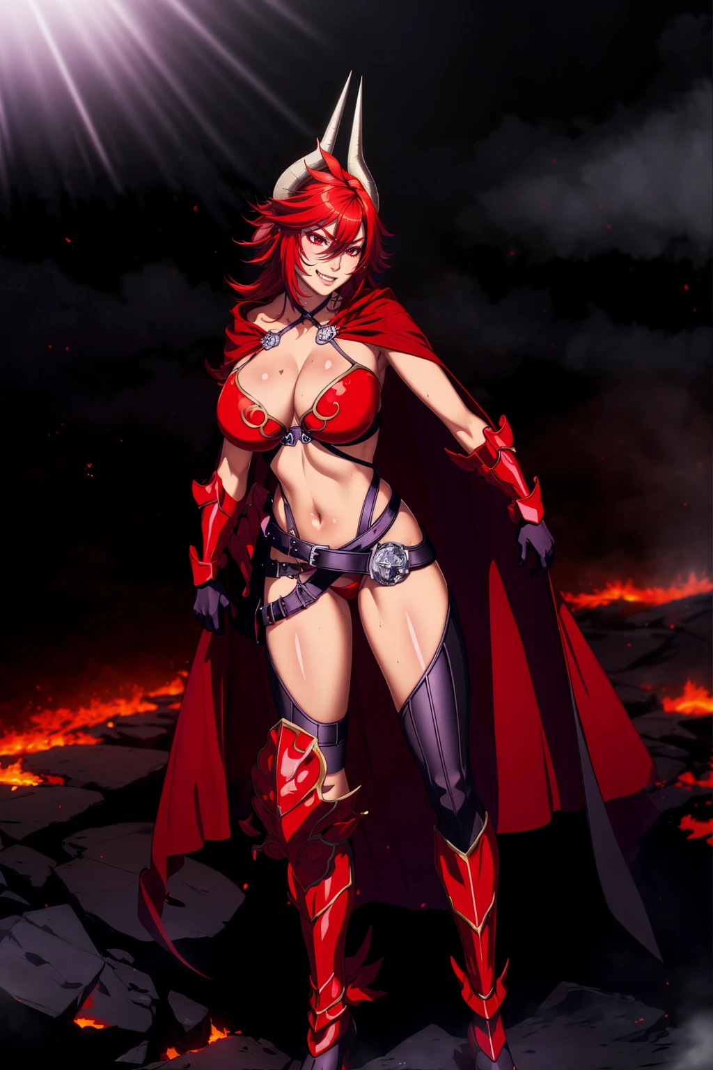 (masterpiece, best quality:1.2), 1girl, satanx, dramatic lighting, god rays, dark, smoke, mist, fog, fantasy landscape, (embers), magma, light particles, breasts, red bikini armor, red cape, cowboy shot, annoyed, soft particles 1nf3rnalAI, standing, full body, boots,,smile, happy