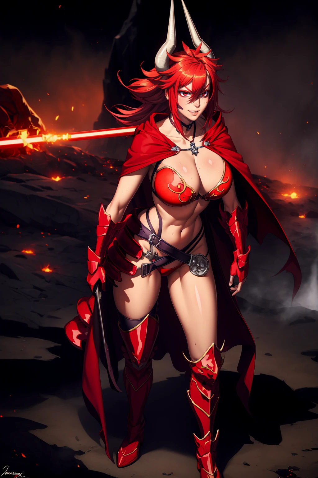 (masterpiece, best quality:1.2), 1girl, satanx, dramatic lighting, god rays, dark, smoke, mist, fog, fantasy landscape, (embers), magma, light particles, breasts, red bikini armor, red cape, cowboy shot, annoyed, soft particles 1nf3rnalAI, standing, full body, boots,,smile, happy