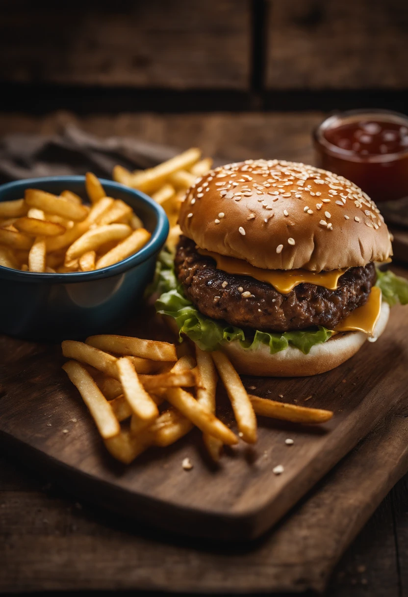 a top-down shot of a cheeseburger on a rustic wooden table, with sesame seeds sprinkled on the bun and a side of crispy golden fries, creating a classic American diner aesthetic