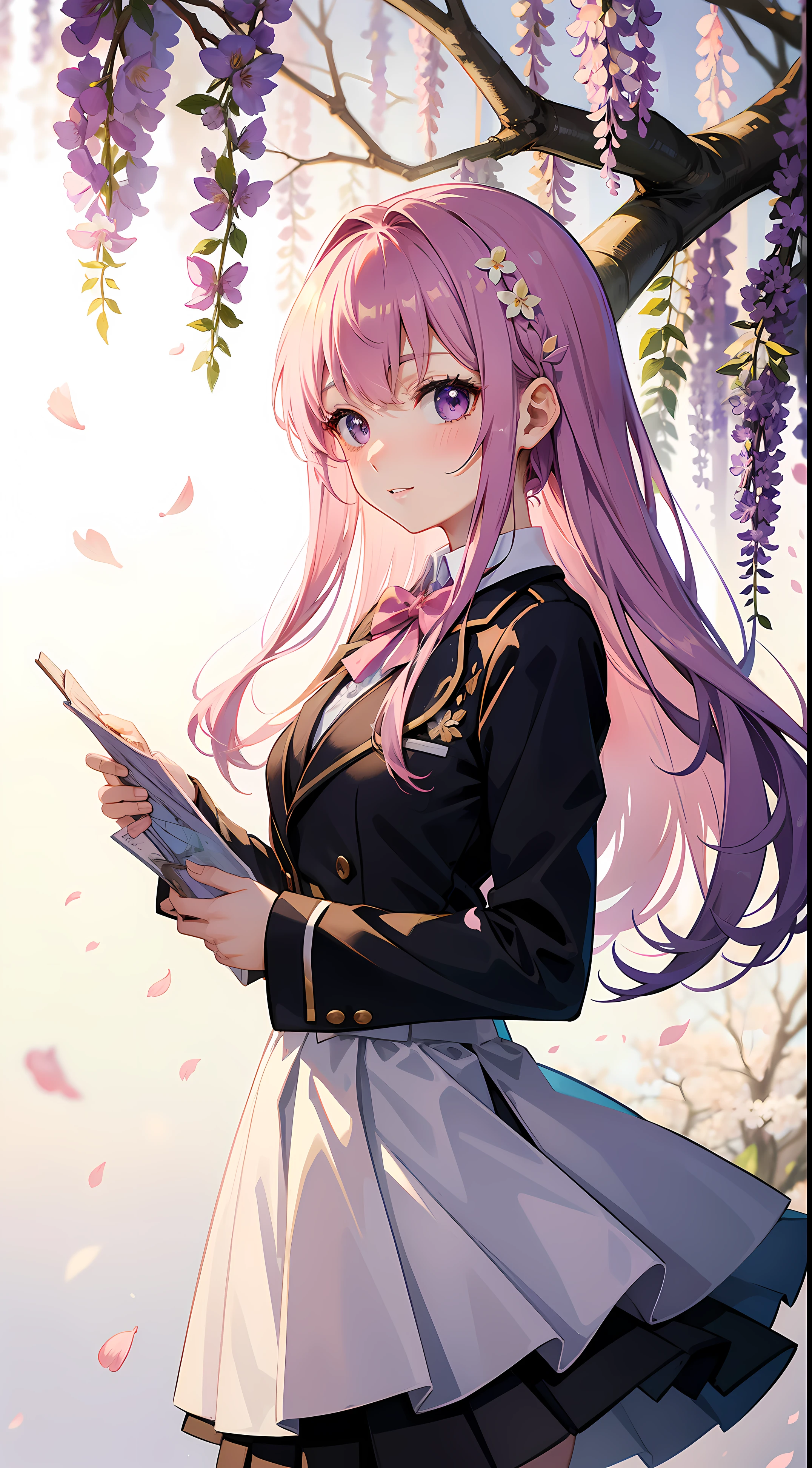 A girl in school uniform stands in front of a tree,tree branch上有粉红色的blossoms,1 Sister,by bangare tree,blazer jacket,Bow knot,neck bowtie,tree branch,Sakura NS,领The shirt,Daysiealling petallorest background,blossoms,graduate,flower sea,jaket,Long gray hair,longer sleeves,looking at viewert,luring,lace hose,petals,粉红色的blossoms,What about the lattice,pleatedskirt,club,校服,The shirt,a skirt,ssmile,独奏,springtime \ (seasons \),that tree,Wisteria - anime ,