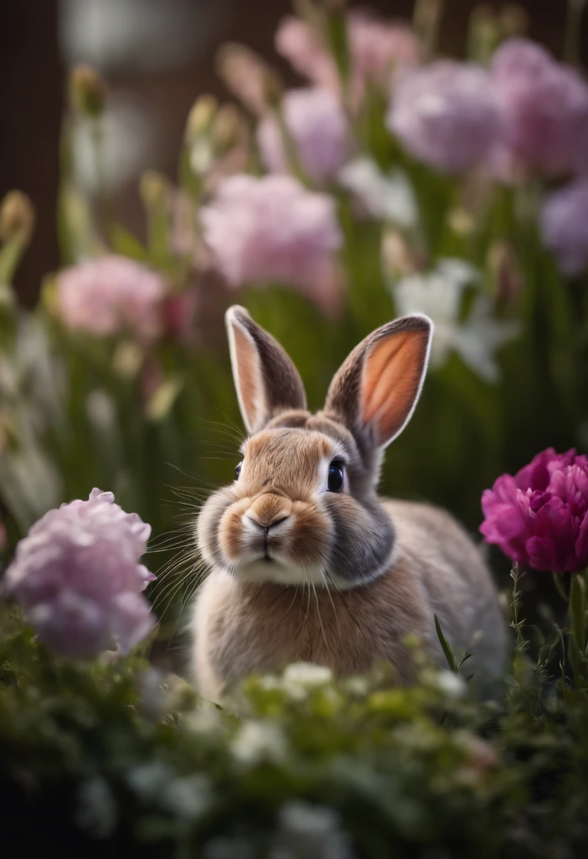 a playful shot of a bunny peeking out from behind a bouquet of spring flowers, with its cute nose and whiskers adding a touch of whimsy to the composition