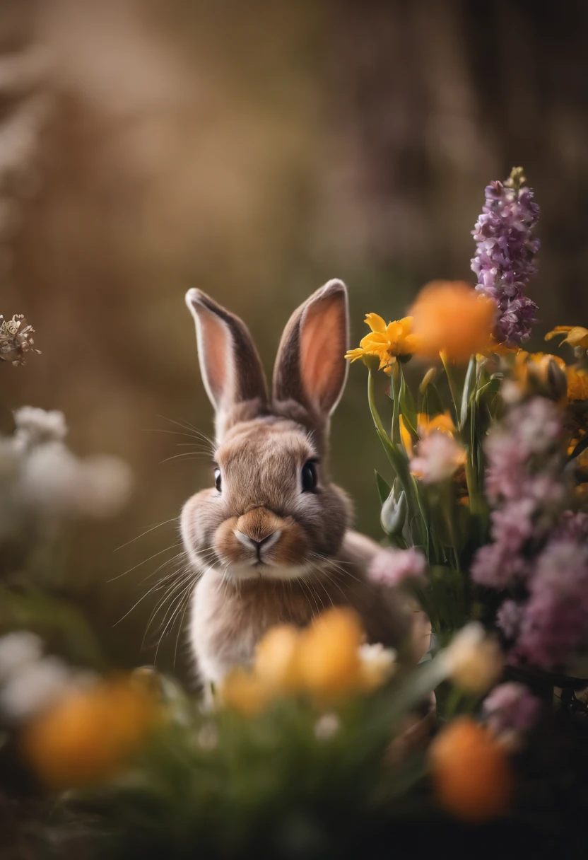 a playful shot of a bunny peeking out from behind a bouquet of spring flowers, with its cute nose and whiskers adding a touch of whimsy to the composition