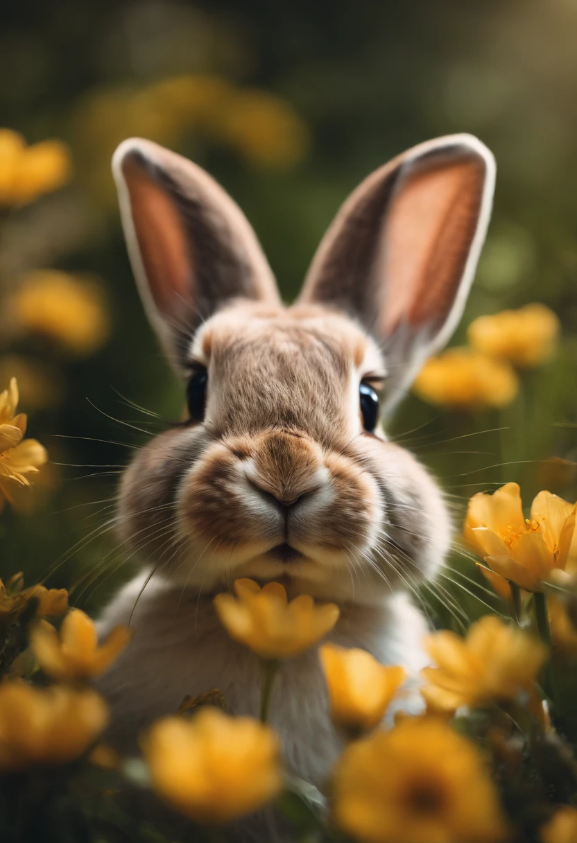 a playful shot of a bunny peeking out from behind a bouquet of spring flowers, with its cute nose and whiskers adding a touch of whimsy to the composition