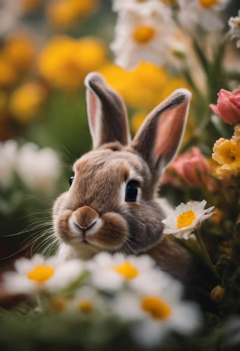 a playful shot of a bunny peeking out from behind a bouquet of spring flowers, with its cute nose and whiskers adding a touch of whimsy to the composition