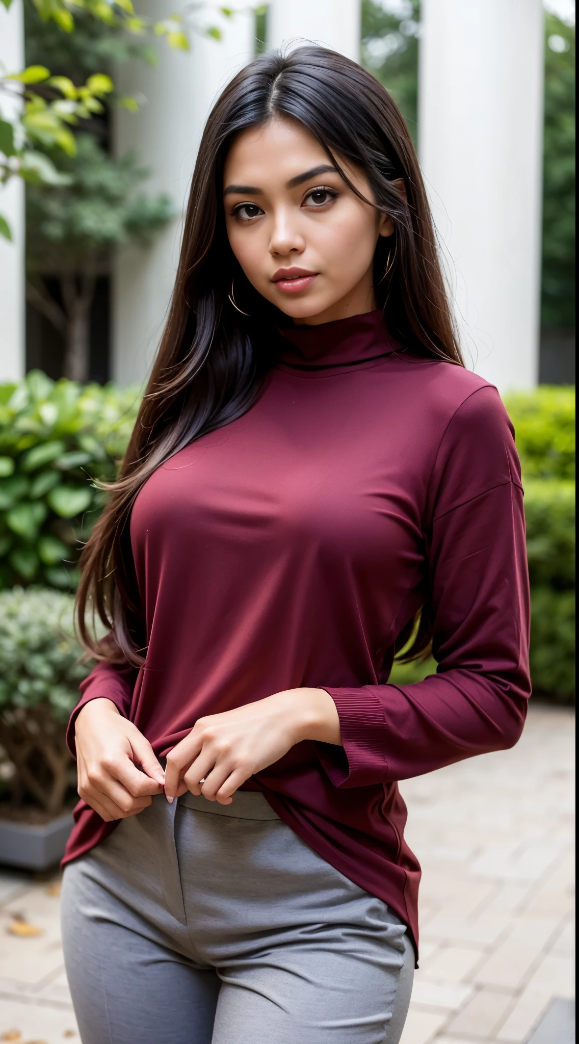 ( Close Up),RAW, Best quality, high resolution, masterpiece: 1.3), beautiful Malay woman , Masterpiece, perfect body, Big breasts, long hair, thick thighs, beautiful big eyes, mole under the eyes, long eyelashes, big eyes, beutifull face, Soft smile, woman wearing a maroon top and grey pants, purple tunic, maroon red, productphoto, casual modern clothing, modern casual clothing, f 2 0, office clothes, women full body, red shirt brown pants, long tunic, female outfit, maroon accents, detailed picture, tunic, elegant clothes, casual clothing style , illustrious clothesclothes, Soft turtleneck, evening walk, garden park, Great lighting, Bright colors, Clean lines