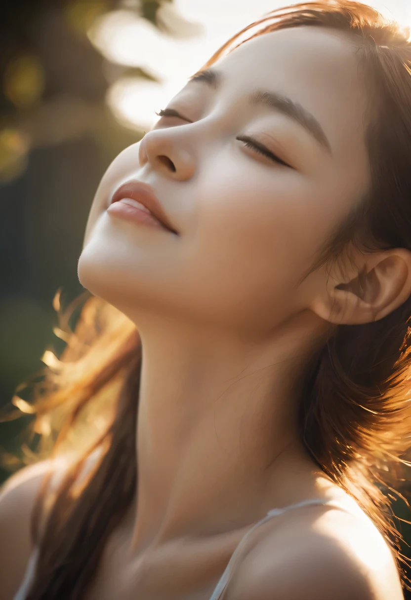 rays of sunshine,With his eyes closed,Look up，tilt your face,(closed eyes smile),Side profile,The light from the back window is backlighted