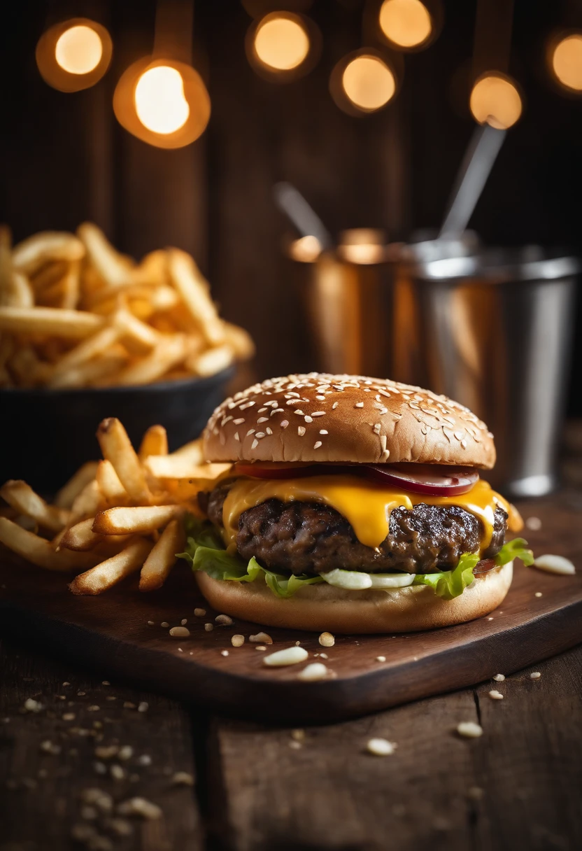 a top-down shot of a cheeseburger on a rustic wooden table, with sesame seeds sprinkled on the bun and a side of crispy golden fries, creating a classic American diner aesthetic