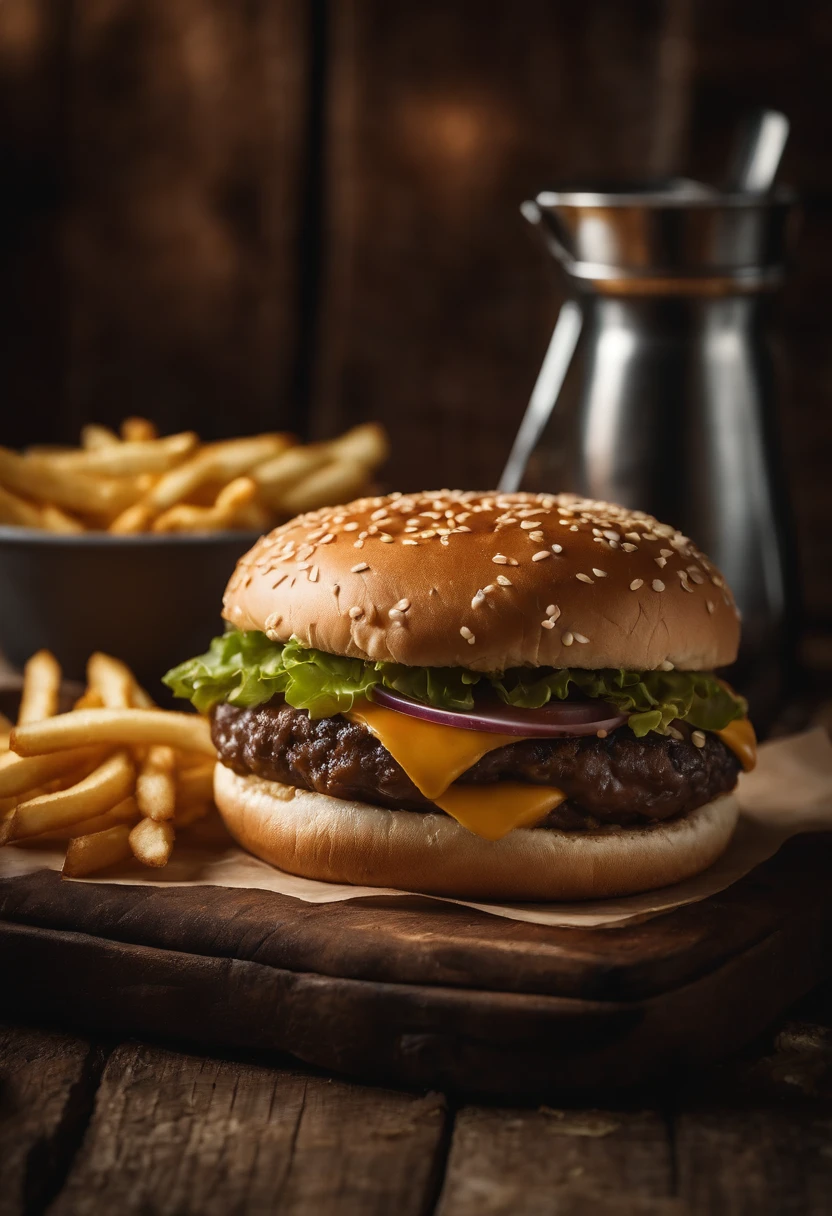 a top-down shot of a cheeseburger on a rustic wooden table, with sesame seeds sprinkled on the bun and a side of crispy golden fries, creating a classic American diner aesthetic