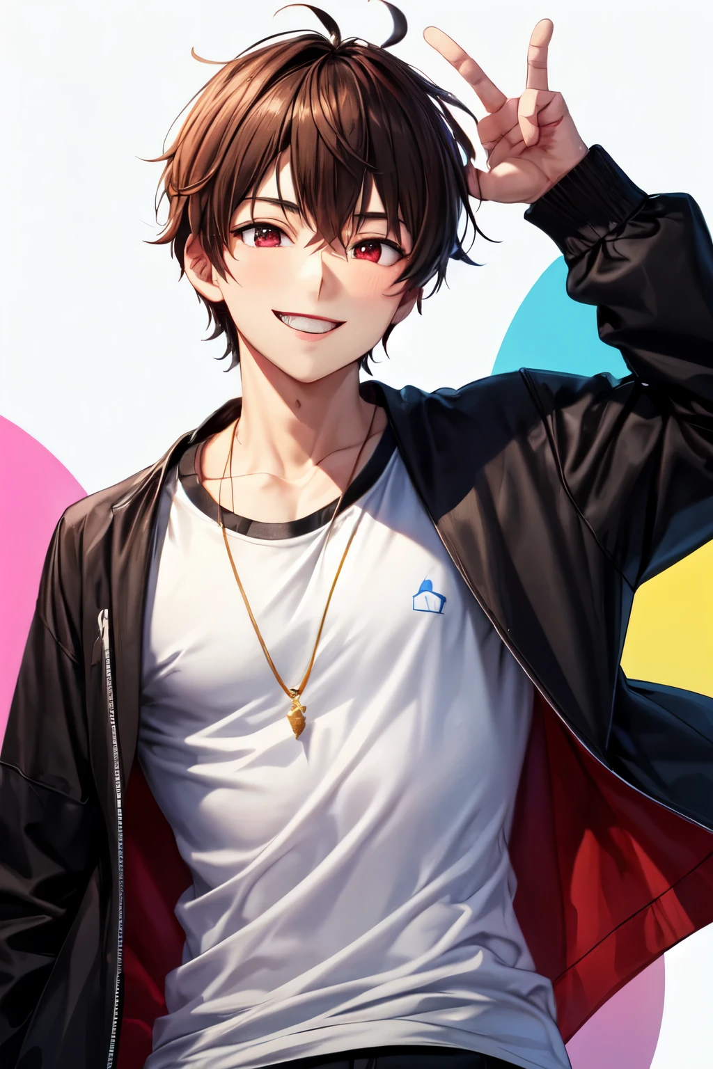 A guy with red eyes smiles evilly and without a T-shirt