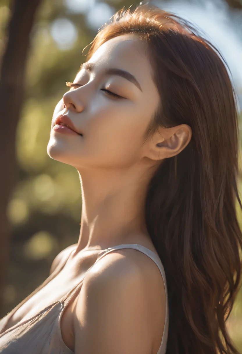 rays of sunshine,With his eyes closed,Look up，tilt your face,(closed eyes smile),Side profile,The light from the back window is backlighted