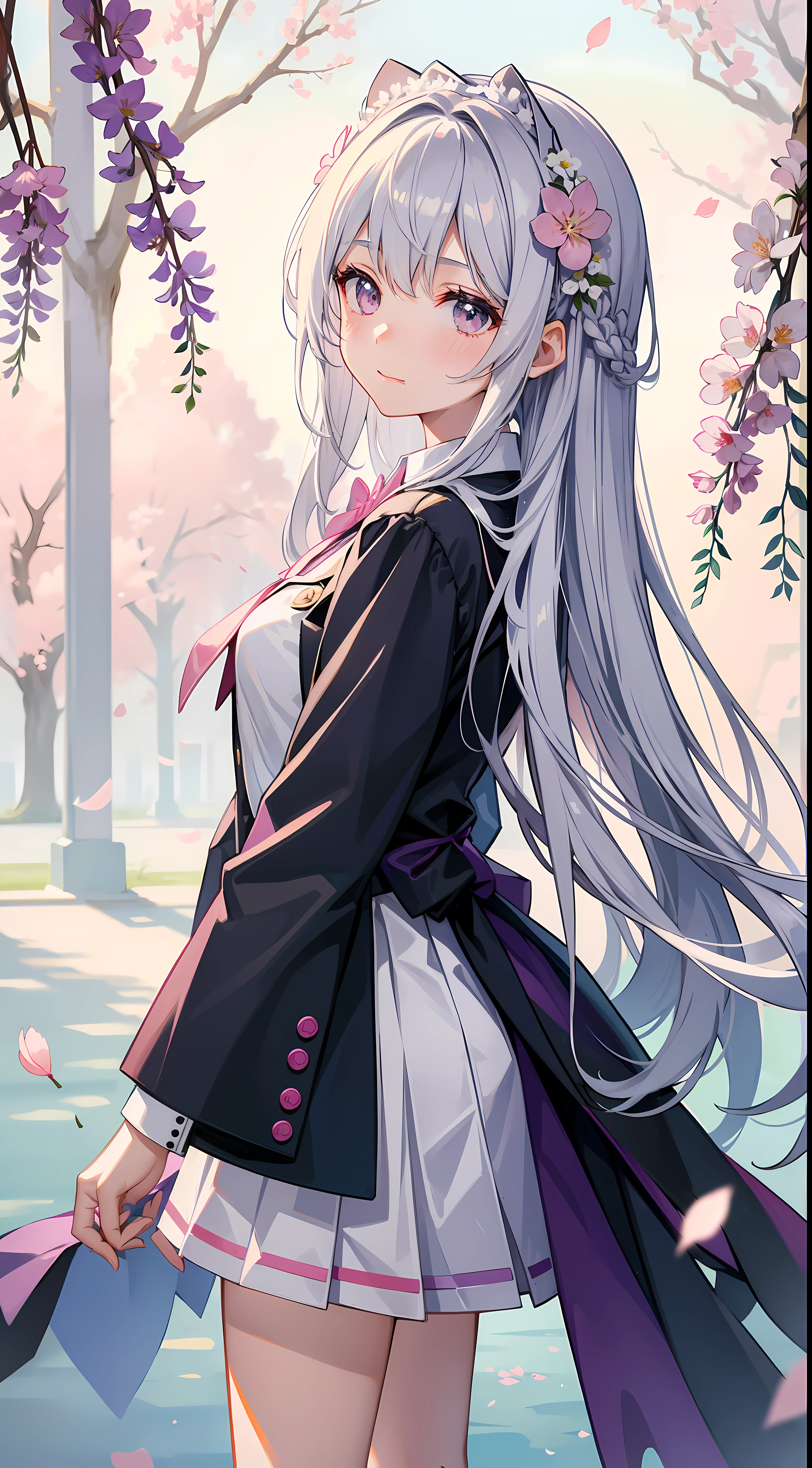 A girl in school uniform stands in front of a tree,粉红色的blossoms在枝头绽放,1 Sister,by bangare tree,blazer jacket,Bow knot,neck bowtie,tree branch,Sakura NS,领The shirt,Daysiealling petallorest background,blossoms,graduate,flower sea,jaket,Long gray hair,longer sleeves,looking at viewert,luring,lace hose,petals,粉红色的blossoms,What about the lattice,pleatedskirt,club,校服,The shirt,a skirt,ssmile,独奏,springtime \ (seasons \),that tree,Wisteria - anime ,