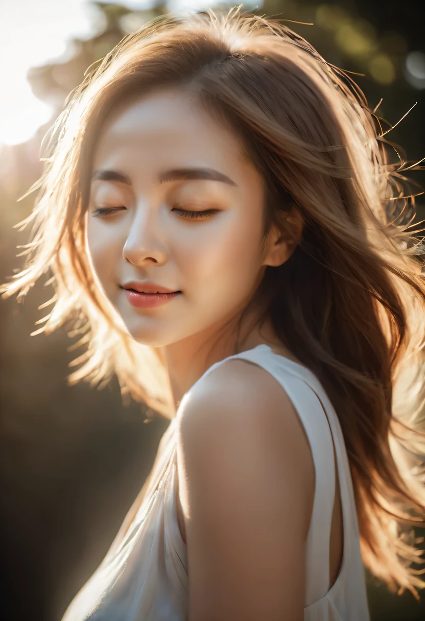 rays of sunshine,With his eyes closed,Look up，tilt your face,(closed eyes smile),Side profile,The light from the back window is backlighted