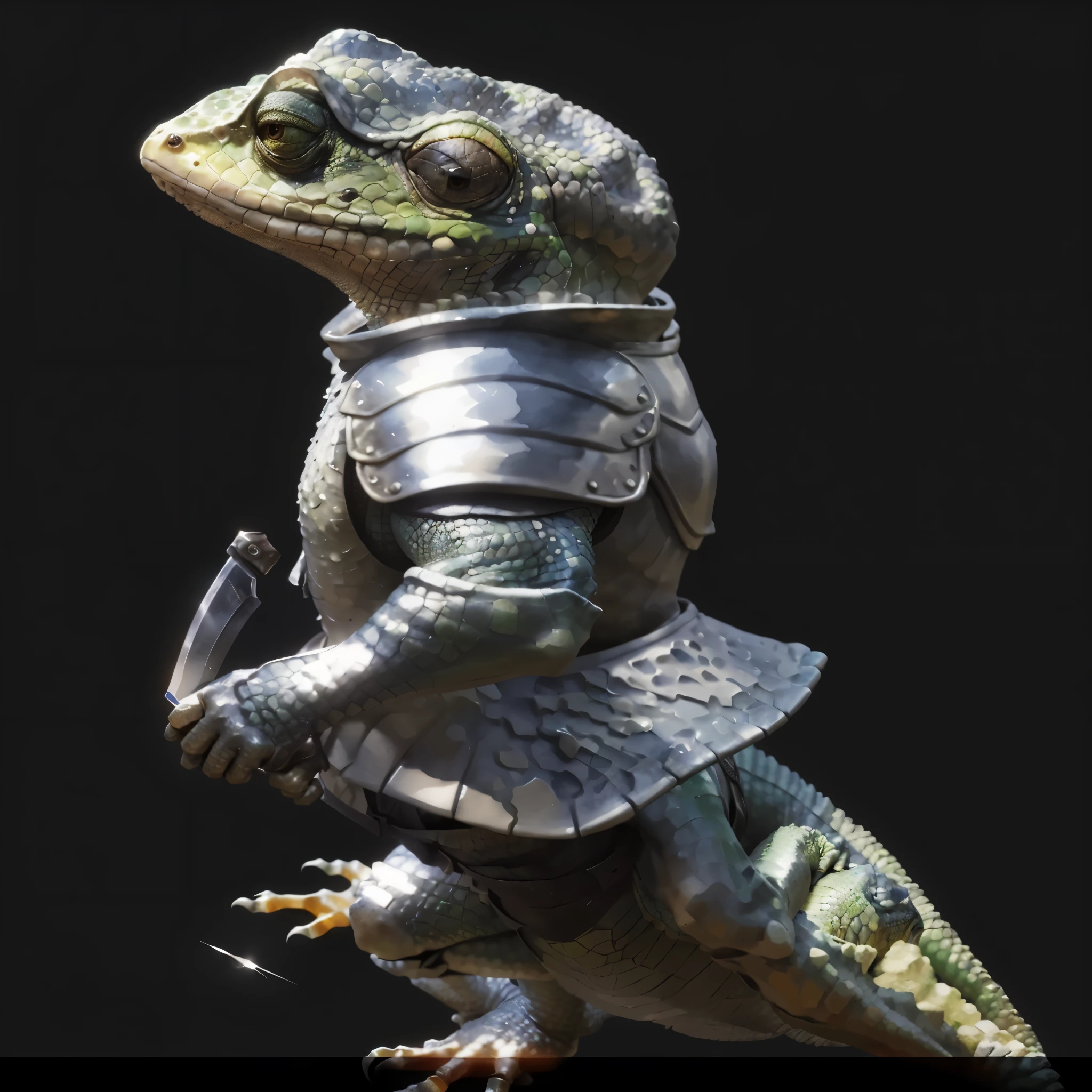 A touch of pen and watercolor、There is a frog wearing armor and holding a knife.., Reptile Warrior, material painter, super detailed fantasy characters, Lizardman warrior concept, Sci-Fi Lizard Alien, with scaly-looking armor, marmoset render, material painter 3d, high resolution render, highly realistic concept art, Antlizard, marmoset toolbag render