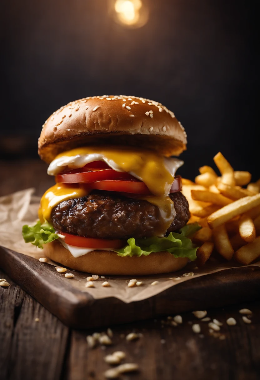 a top-down shot of a cheeseburger on a rustic wooden table, with sesame seeds sprinkled on the bun and a side of crispy golden fries, creating a classic American diner aesthetic