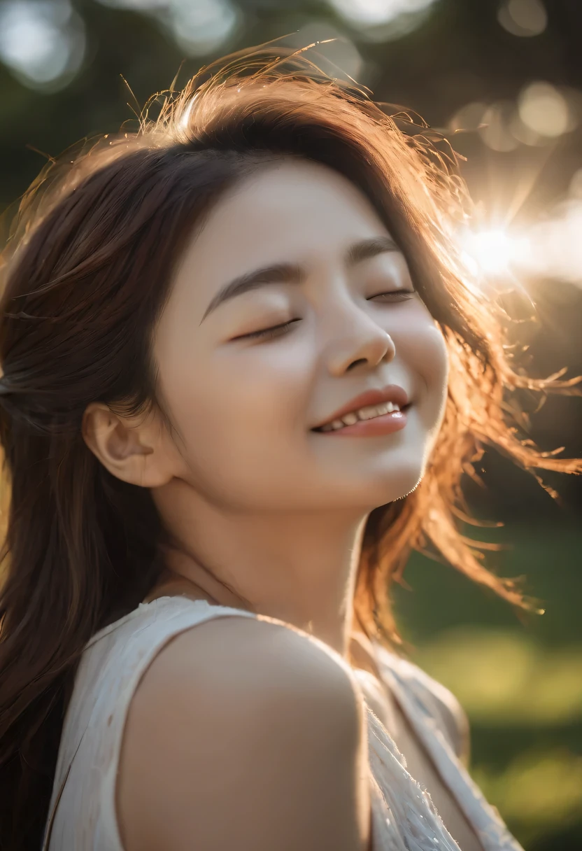 rays of sunshine,With his eyes closed,Look up，tilt your face,(closed eyes smile),Side profile,The light from the back window is backlighted