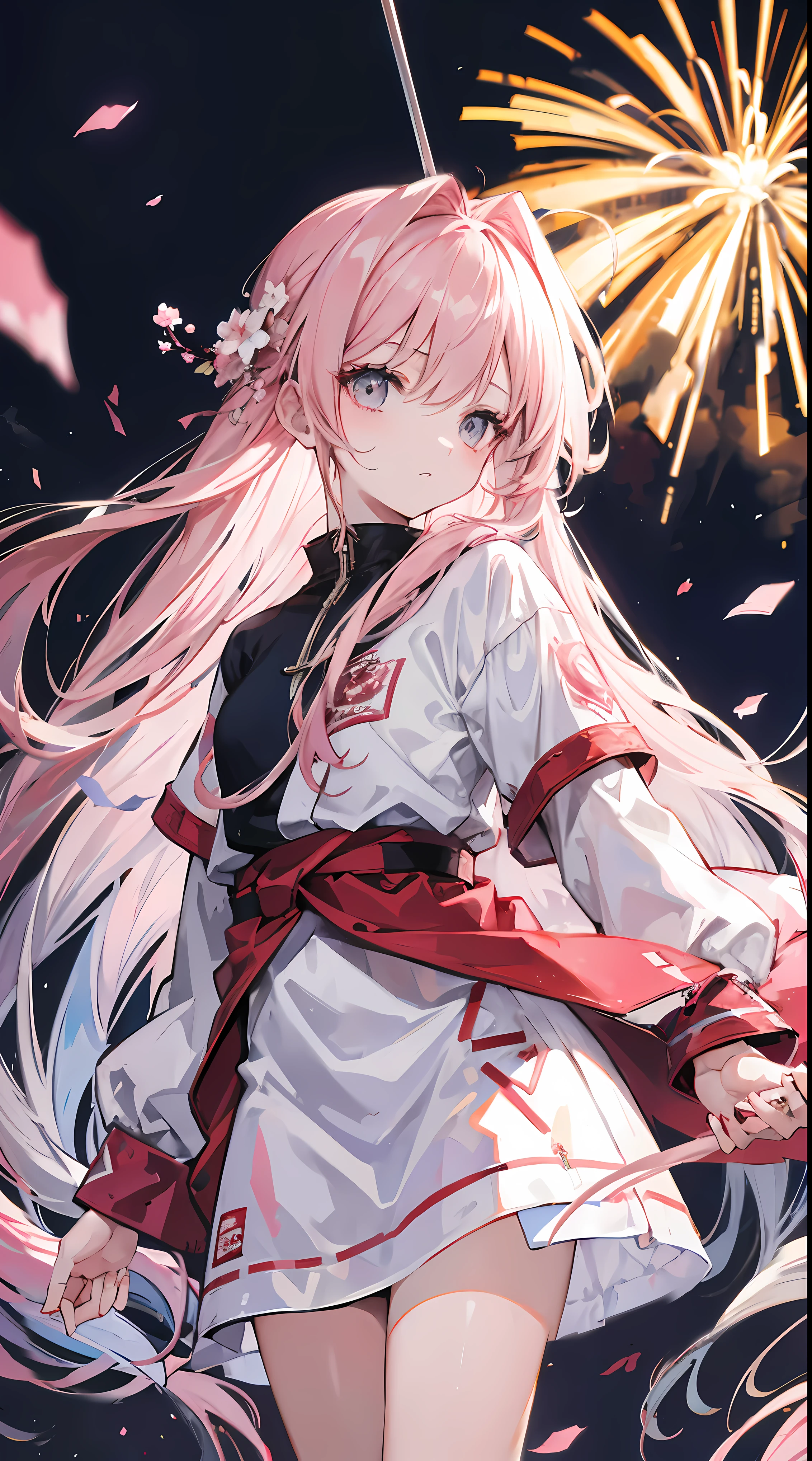 Light pink and uneven long hair,The hair curtain is very long,The hair curtain covers one eye,hair slightly upward,Has gray eyes,sparkle in eyes,Girl of medium build,There is a flower on the head,sunset over empty countryside,Holding a lit fireworks stick in his hand,He is wearing a white tracksuit,black cape skirt,I look lonely and lonely,The atmosphere is desolate,cold shades,He bowed his head