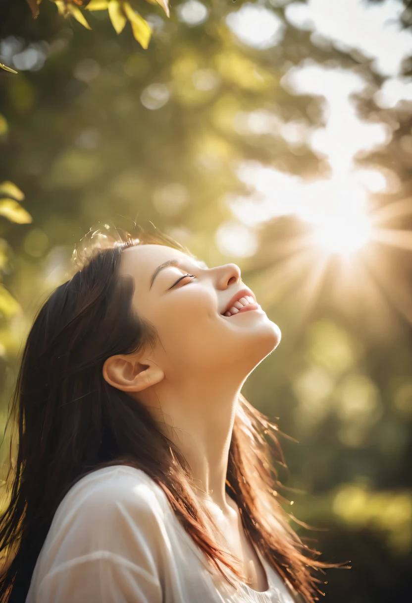 (rays of sunshine,With his eyes closed,Ao olhar para cima,face tilted upward,With his eyes closed微笑,Side profile,The light from the back window is backlighted,light circles,professional photoshooting)