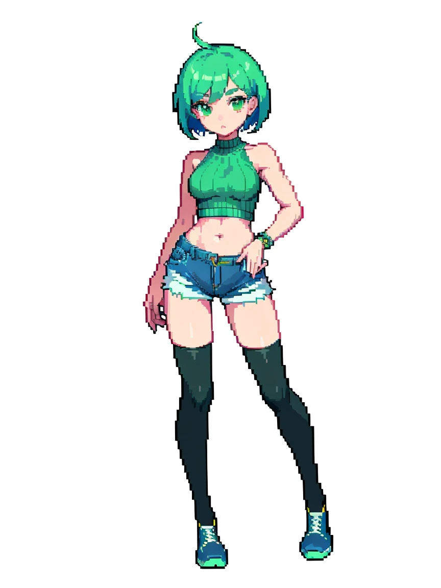 (masterpiece, top quality, best quality, less detail, 8-bit color), pixel,pixel art,1girl, fullbody, smack studio, separate body for edit, (denim shorts), (green crop sweater), (bare shoulders), (navel), (midriff), (thighhighs), (shoes)