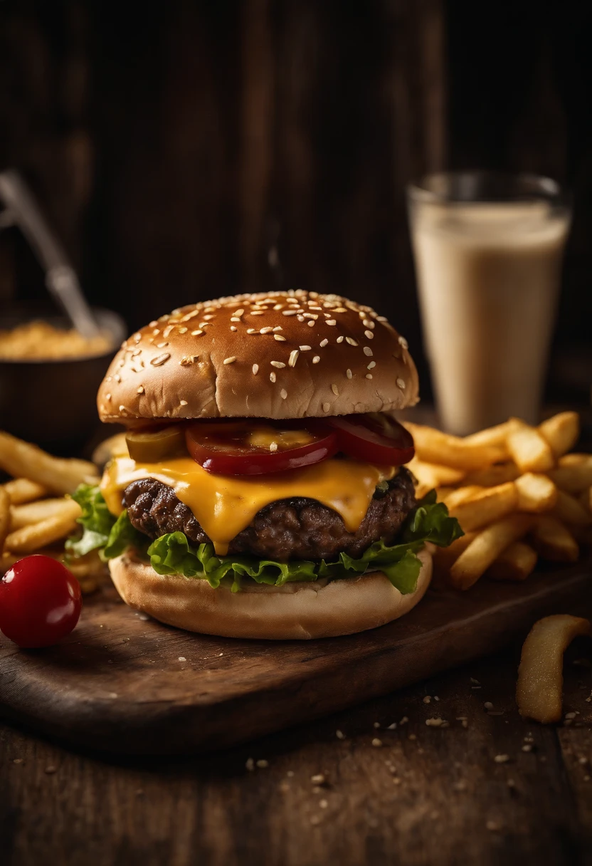 a top-down shot of a cheeseburger on a rustic wooden table, with sesame seeds sprinkled on the bun and a side of crispy golden fries, creating a classic American diner aesthetic
