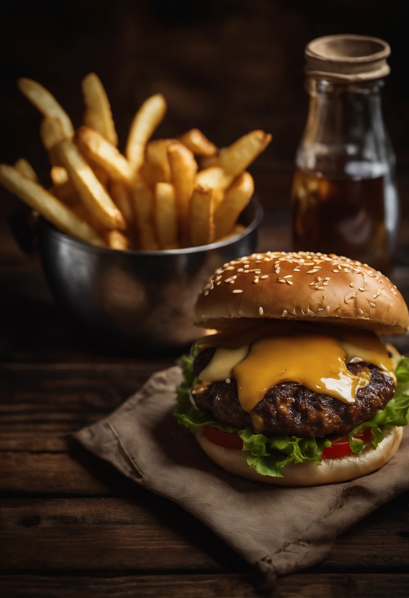 a top-down shot of a cheeseburger on a rustic wooden table, with sesame seeds sprinkled on the bun and a side of crispy golden fries, creating a classic American diner aesthetic
