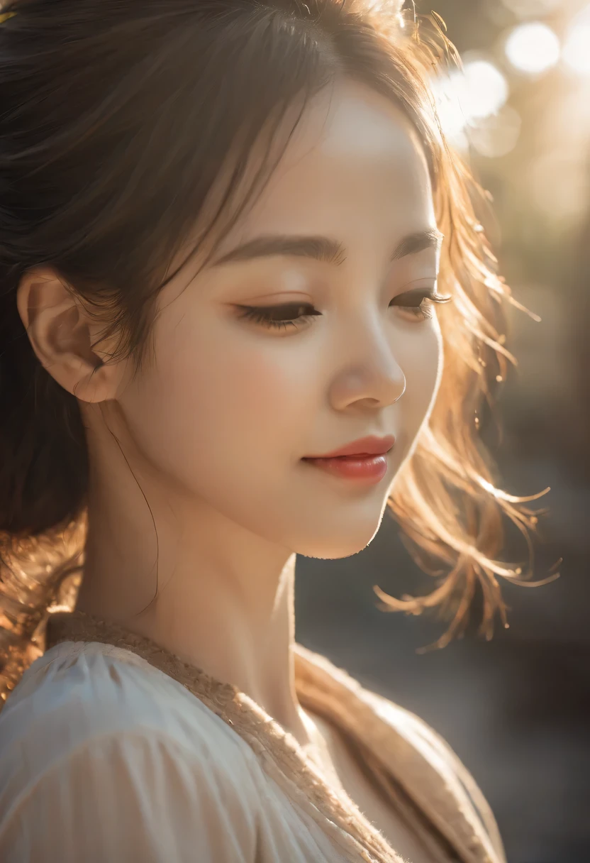 rays of sunshine,With his eyes closed,Look up，tilt your face,(closed eyes smile),Side profile,The light from the back window is backlighted