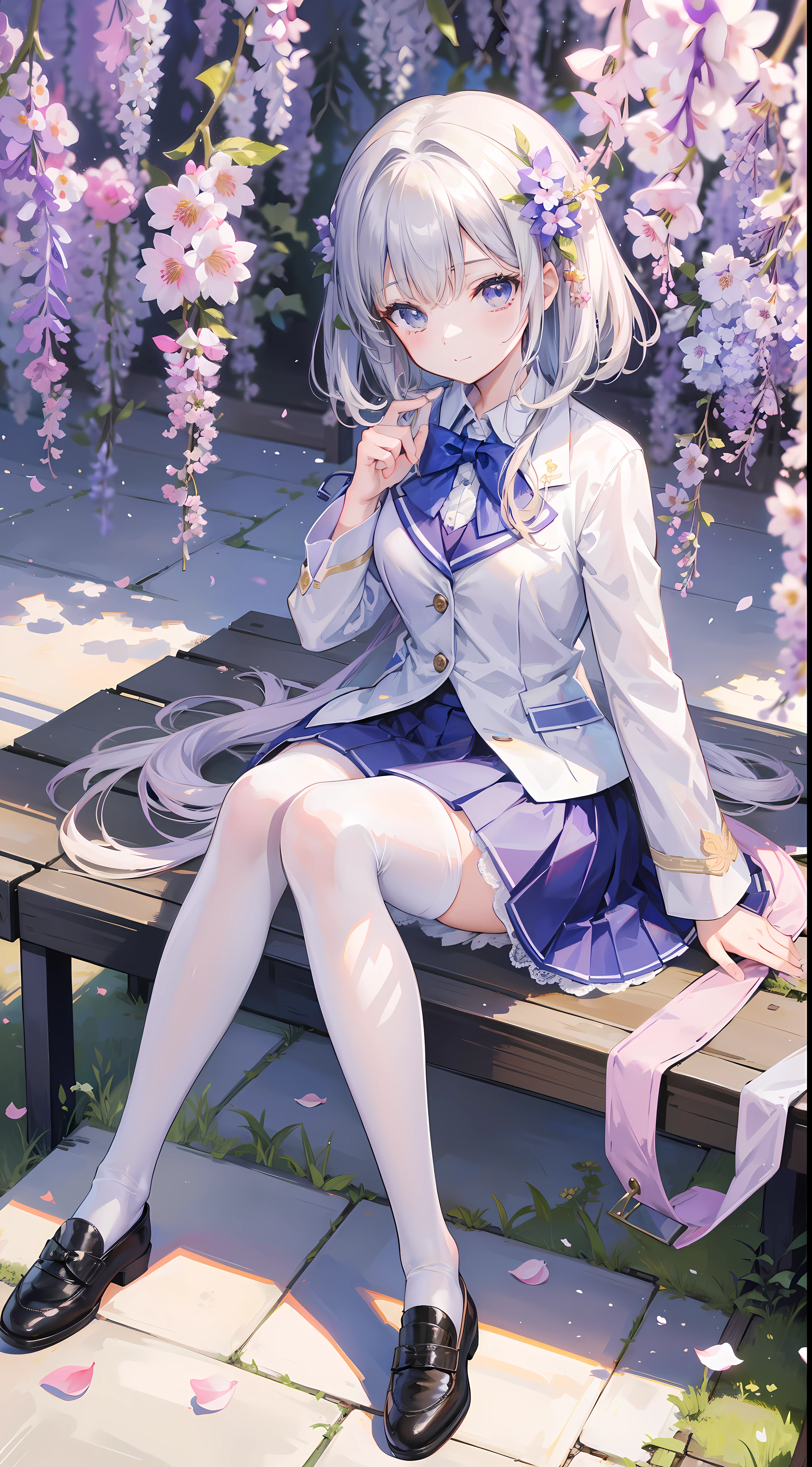 A girl in school uniform stands in front of a tree,粉红色的blossom flower在枝头绽放,1 Sister,by bangare tree,blazer jacket,Bow knot,neck bowtie,tree branch,Sakura NS,领The shirt,Daysiealling petallorest background,blossom flower,graduate,flower sea,jaket,Long gray hair,longer sleeves,looking at viewert,luring,lace hose,petals,粉红色的blossom flower,What about the lattice,pleatedskirt,club,校服,The shirt,a skirt,ssmile,独奏,springtime \ (seasons \),that tree,Wisteria - anime ,White stockings