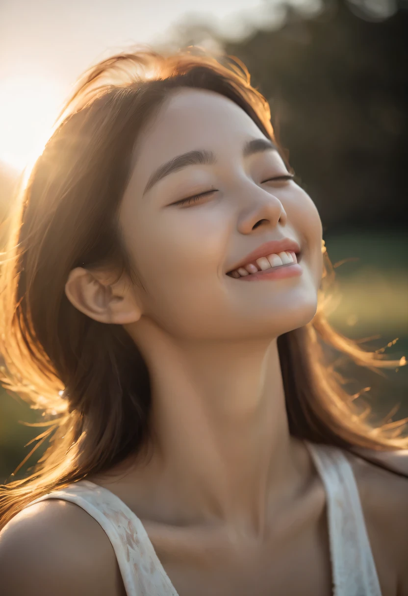 rays of sunshine,With his eyes closed,Look up，tilt your face,(closed eyes smile),Side profile,The light from the back window is backlighted