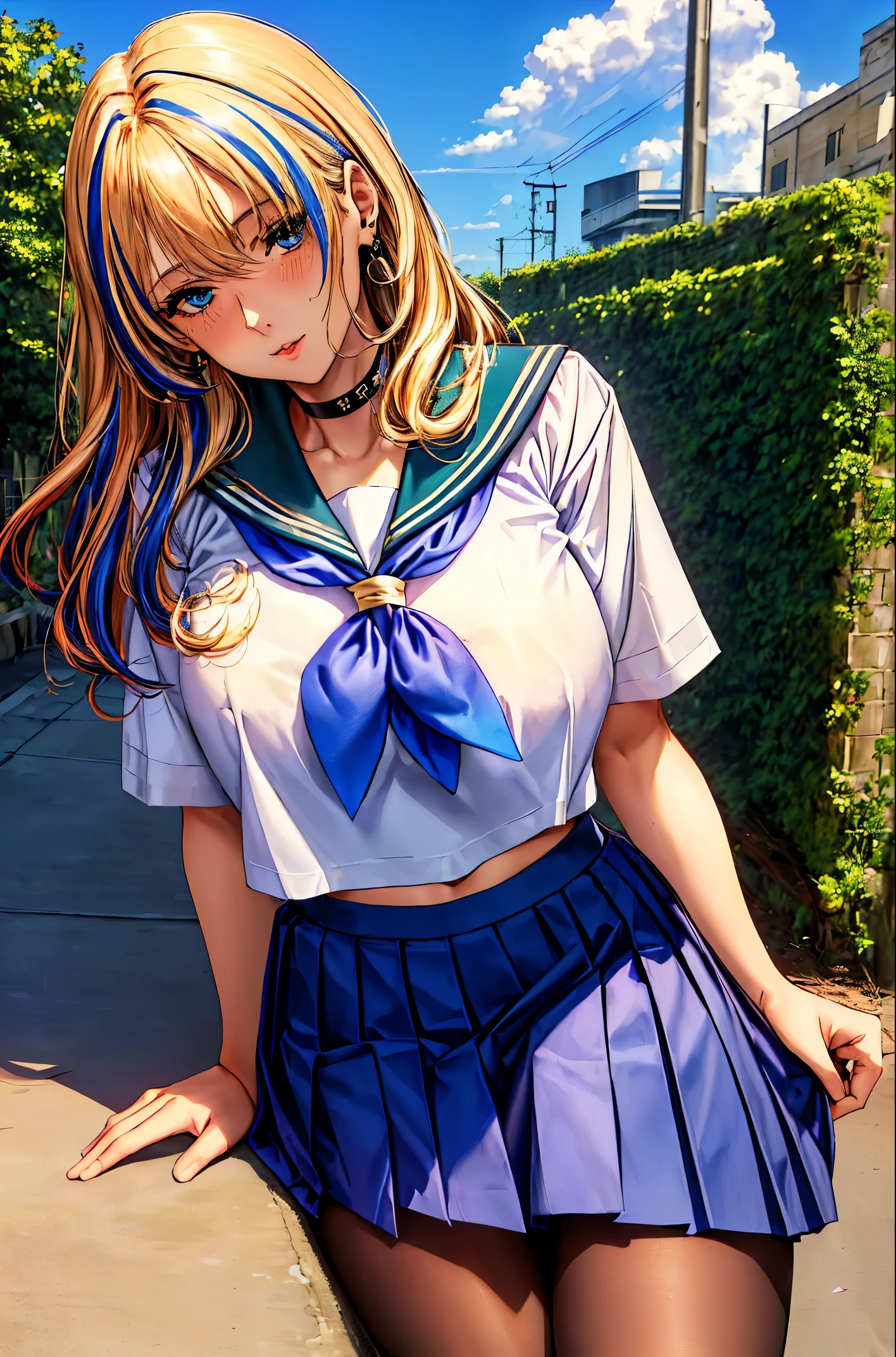 solo，human, navel, （masterpiece, best quality),  (1girl, mature female, milf, motherly, serval landau, midlle-sized breasts, narrow waist, blonde hair, blue hair, multicolored hair, blue eyes, bangs, hair between eyes, streaked hair:1.4), (black pantyhose, earrings, choker, thighhighs, navel, skirt），perfect face，perfect body，school uniform，sailor uniform，clear and detailed face