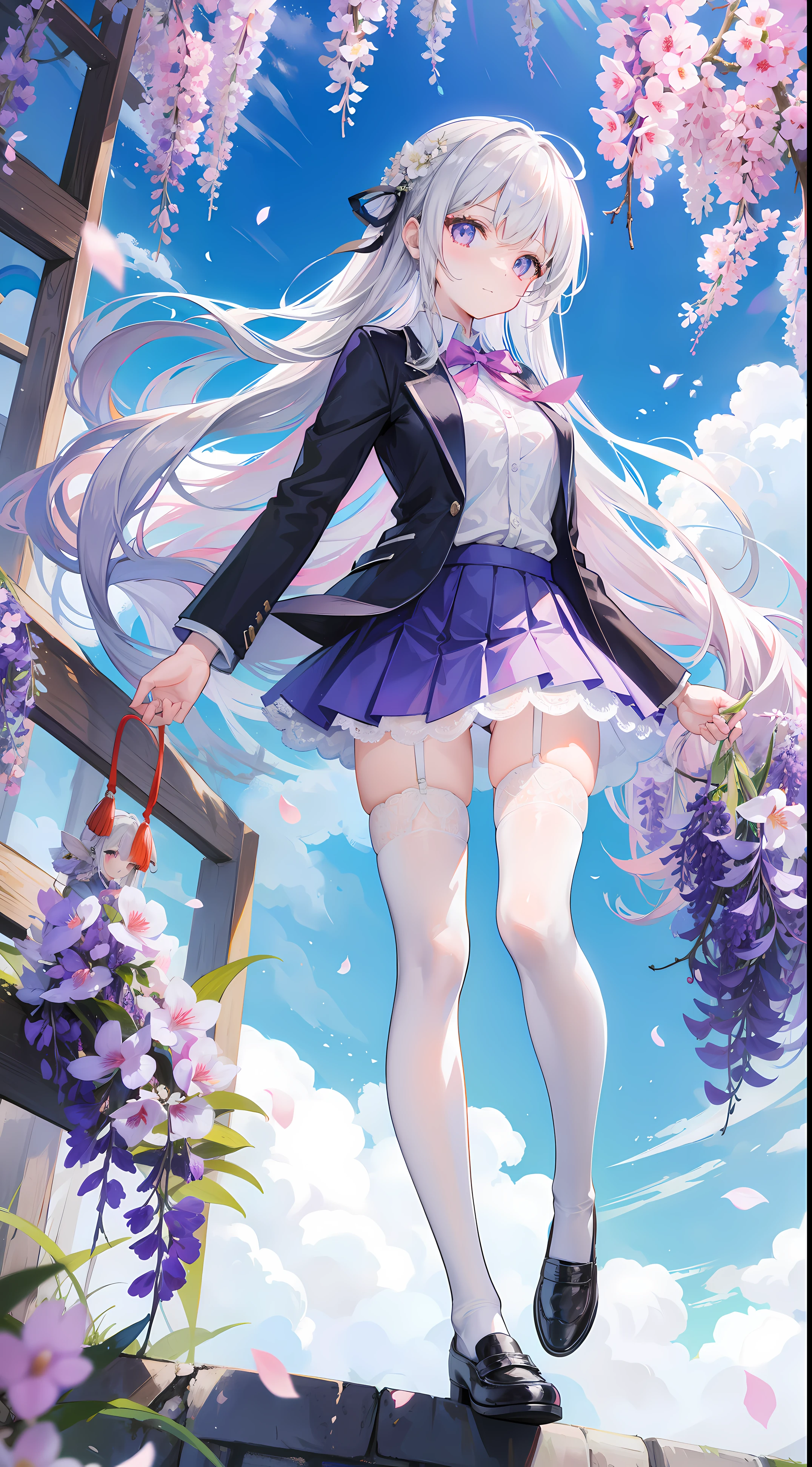 A girl in school uniform stands in front of a tree,粉红色的blossom flower在枝头绽放,1 Sister,by bangare tree,blazer jacket,Bow knot,neck bowtie,tree branch,Sakura NS,领The shirt,Daysiealling petallorest background,blossom flower,graduate,flower sea,jaket,Long gray hair,longer sleeves,looking at viewert,luring,lace hose,petals,粉红色的blossom flower,What about the lattice,pleatedskirt,club,校服,The shirt,a skirt,ssmile,独奏,springtime \ (seasons \),that tree,Wisteria - anime ,White stockings