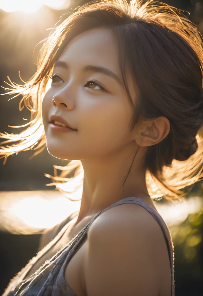 rays of sunshine,With his eyes closed,Look up，tilt your face,(closed eyes smile),Side profile,The light from the back window is backlighted
