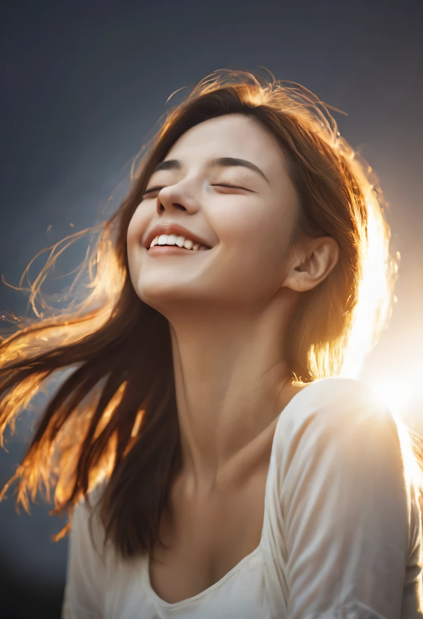 (rays of sunshine,With his eyes closed,Ao olhar para cima,face tilted upward,With his eyes closed微笑,Side profile,The light from the back window is backlighted,light circles,professional photoshooting)