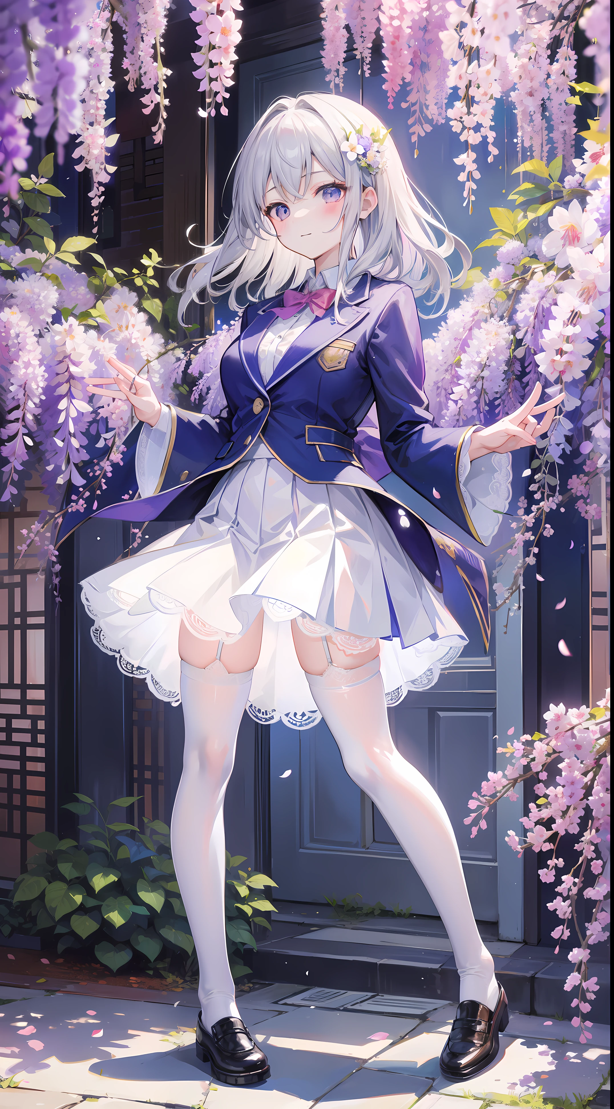 A girl in school uniform stands in front of a tree,粉红色的blossom flower在枝头绽放,1 Sister,by bangare tree,blazer jacket,Bow knot,neck bowtie,tree branch,Sakura NS,领The shirt,Daysiealling petallorest background,blossom flower,graduate,flower sea,jaket,Long gray hair,longer sleeves,looking at viewert,luring,lace hose,petals,粉红色的blossom flower,What about the lattice,pleatedskirt,club,校服,The shirt,a skirt,ssmile,独奏,springtime \ (seasons \),that tree,Wisteria - anime ,White stockings