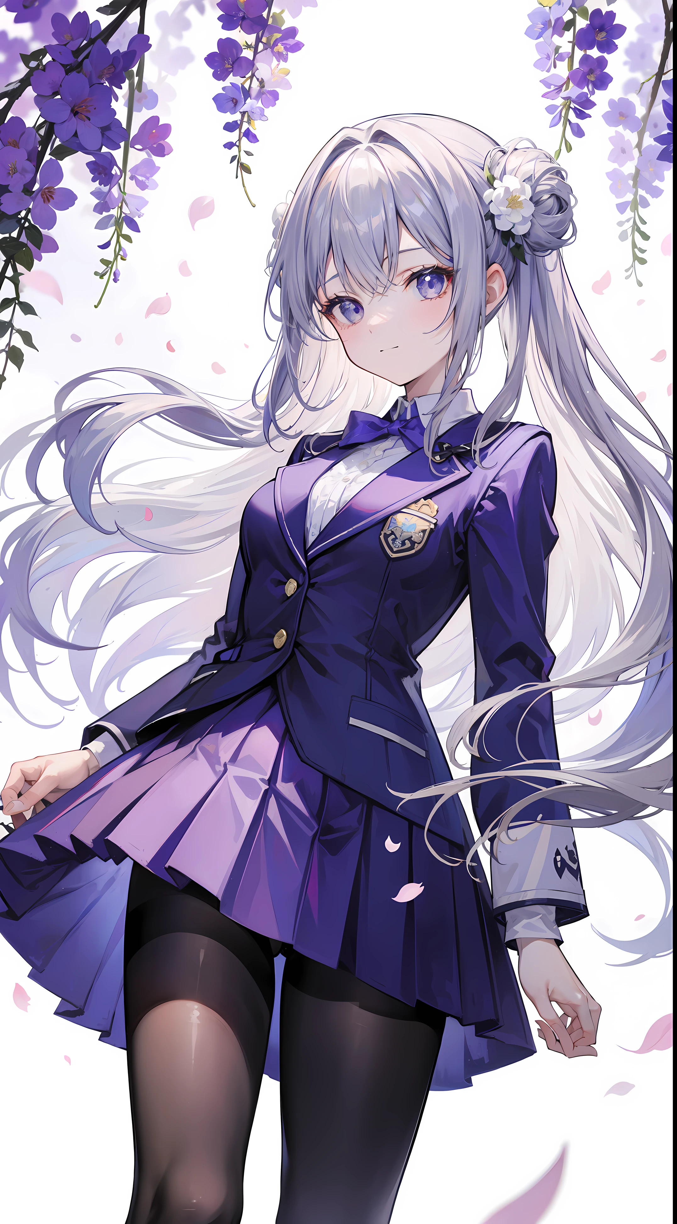 A girl in school uniform stands in front of a tree,粉红色的blooming flower在枝头绽放,1 Sister,by bangare tree,blazer jacket,Bow knot,neck bowtie,tree branch,Sakura NS,领The shirt,Daysiealling petallorest background,blooming flower,graduate,flower sea,jaket,Long gray hair,longer sleeves,looking at viewert,luring,lace hose,petals,粉红色的blooming flower,What about the lattice,pleatedskirt,club,校服,The shirt,a skirt,ssmile,独奏,springtime \ (seasons \),that tree,Wisteria - anime ,Black silk pantyhose