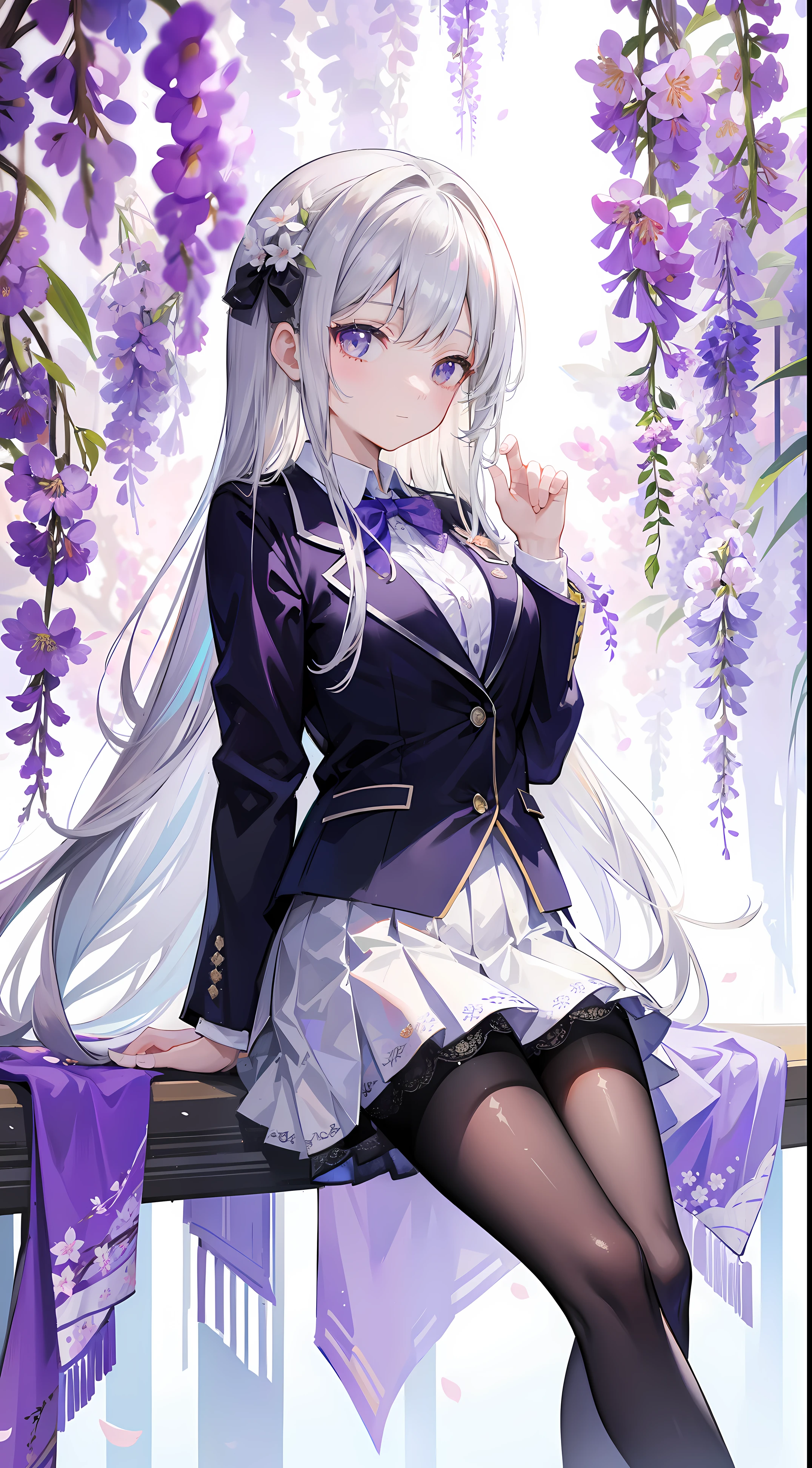 A girl in school uniform stands in front of a tree,粉红色的blooming flower在枝头绽放,ister,by bangare tree,blazer jacket,Bow knot,neck bowtie,tree branch,Sakura NS,领The shirt,Daysiealling petallorest background,blooming flower,graduate,flower sea,jaket,Long gray hair,longer sleeves,looking at viewert,luring,lace hose,petals,粉红色的blooming flower,What about the lattice,pleatedskirt,club,校服,The shirt,a skirt,ssmile,独奏,springtime \ (seasons \),that tree,Wisteria - anime ,Black silk pantyhose