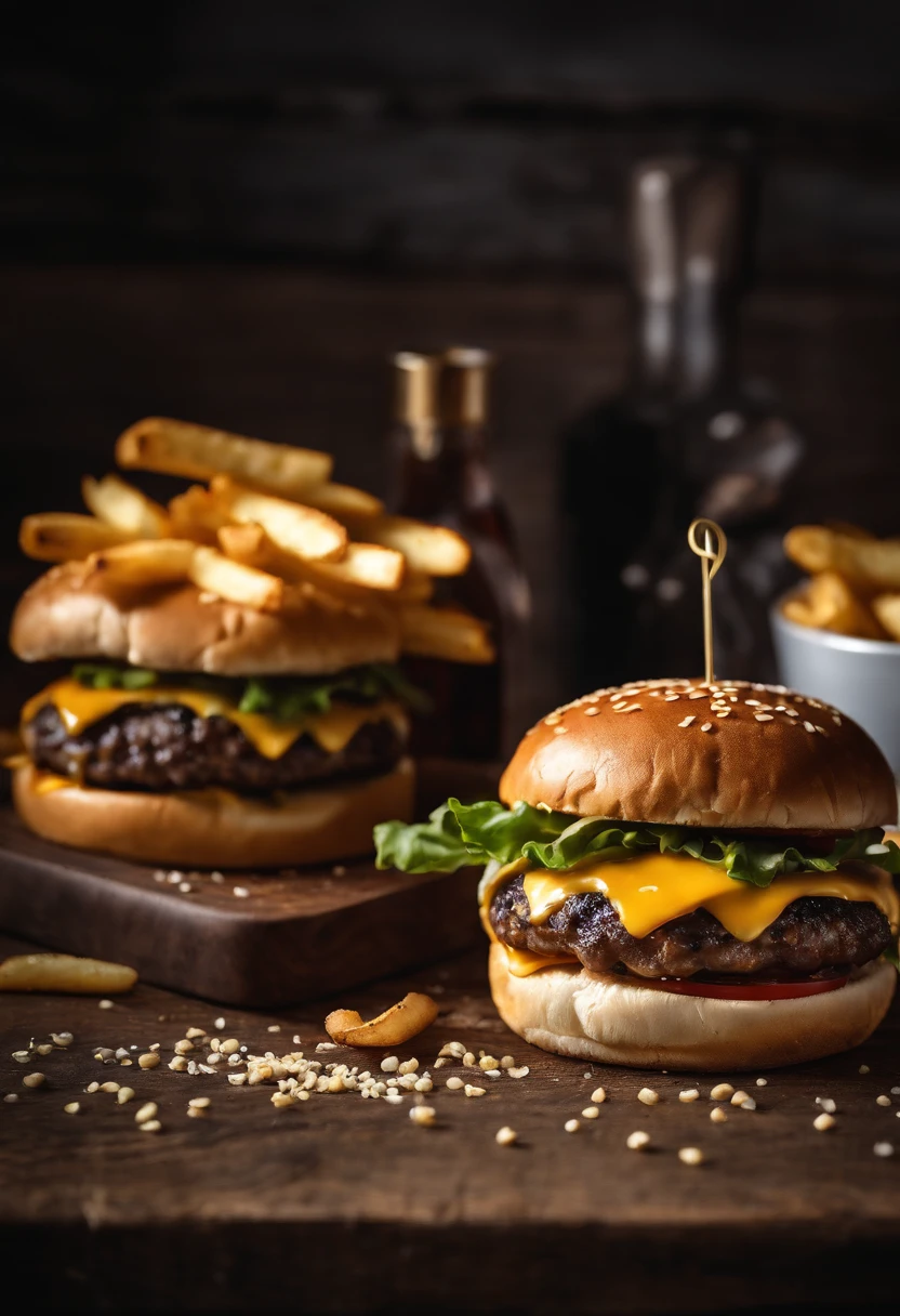 a top-down shot of a cheeseburger on a rustic wooden table, with sesame seeds sprinkled on the bun and a side of crispy golden fries, creating a classic American diner aesthetic