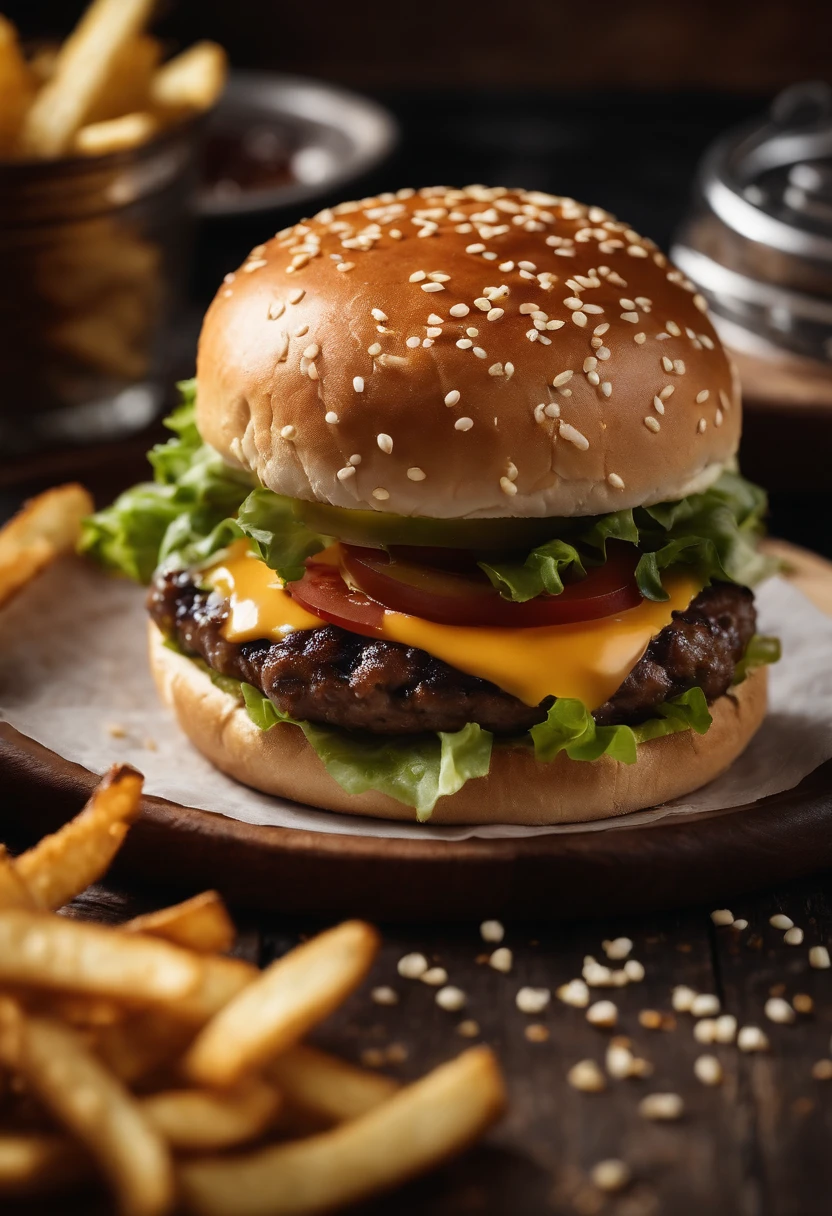 a top-down shot of a cheeseburger on a rustic wooden table, with sesame seeds sprinkled on the bun and a side of crispy golden fries, creating a classic American diner aesthetic