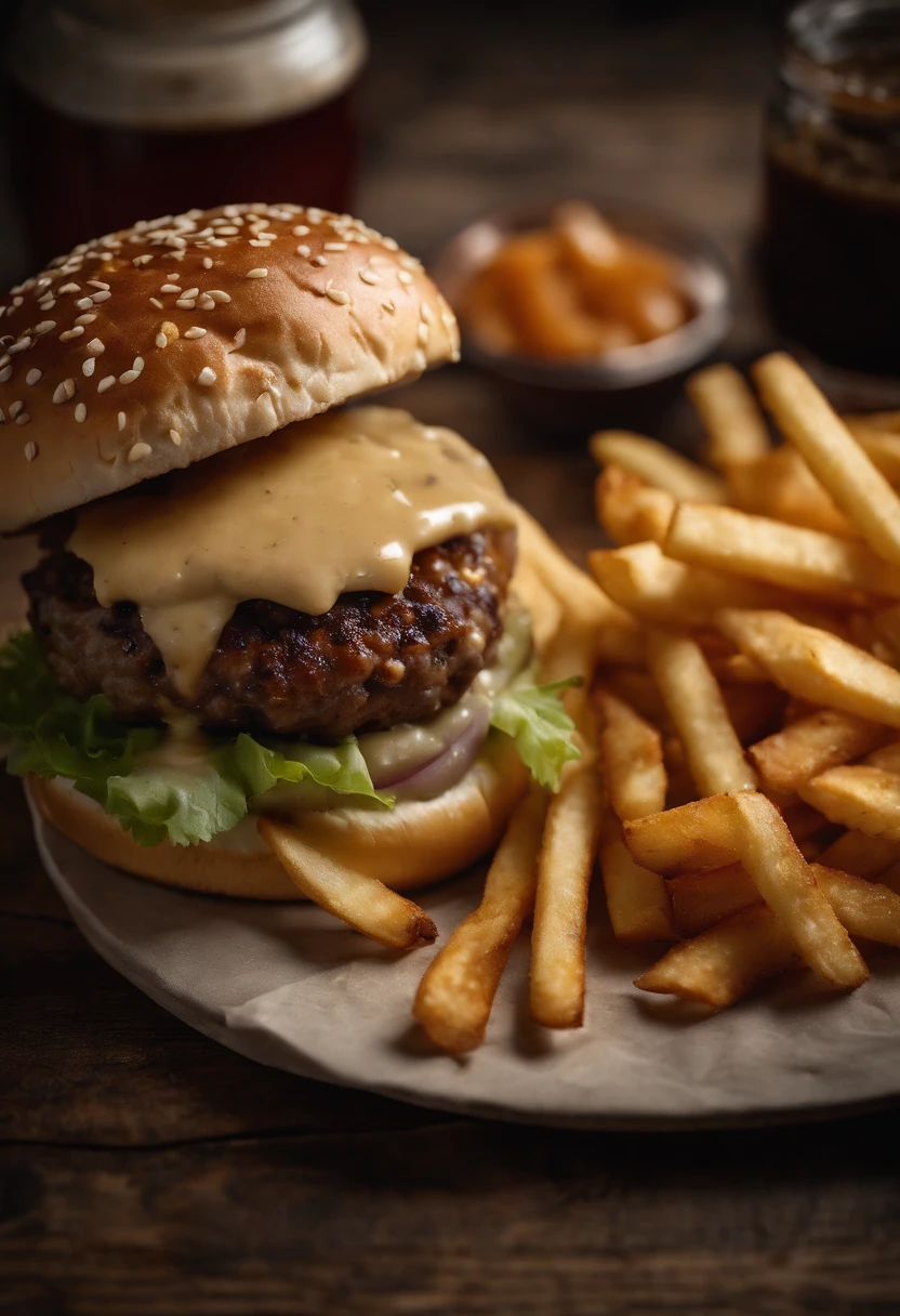 a top-down shot of a cheeseburger on a rustic wooden table, with sesame seeds sprinkled on the bun and a side of crispy golden fries, creating a classic American diner aesthetic